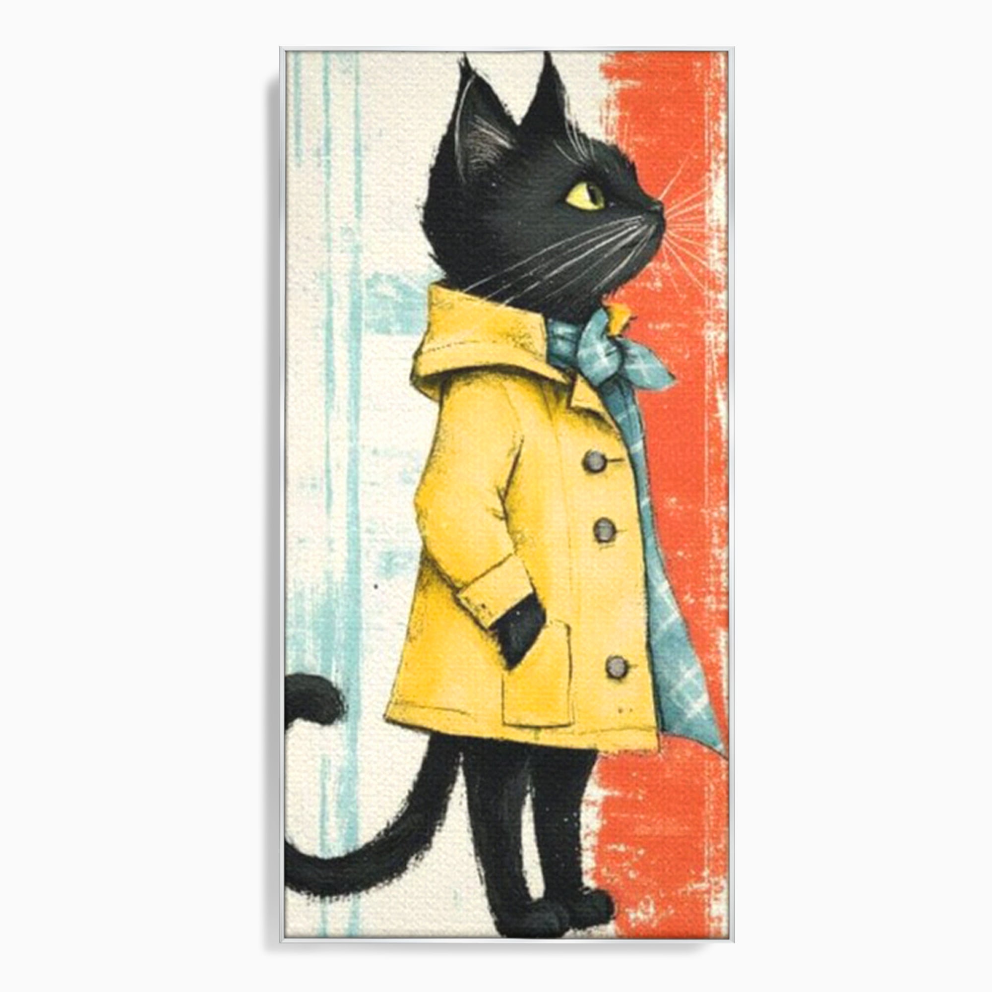 Tablou Canvas Premium, LuxCanva® K1028, Pisica Fashion,  Plimbare, Toamna, Eleganta, Felina, Ploaie, Haina, Pelerina, Galben, Pisici, Stilizare, Gradinita, Loc de Joaca, Camera Copii