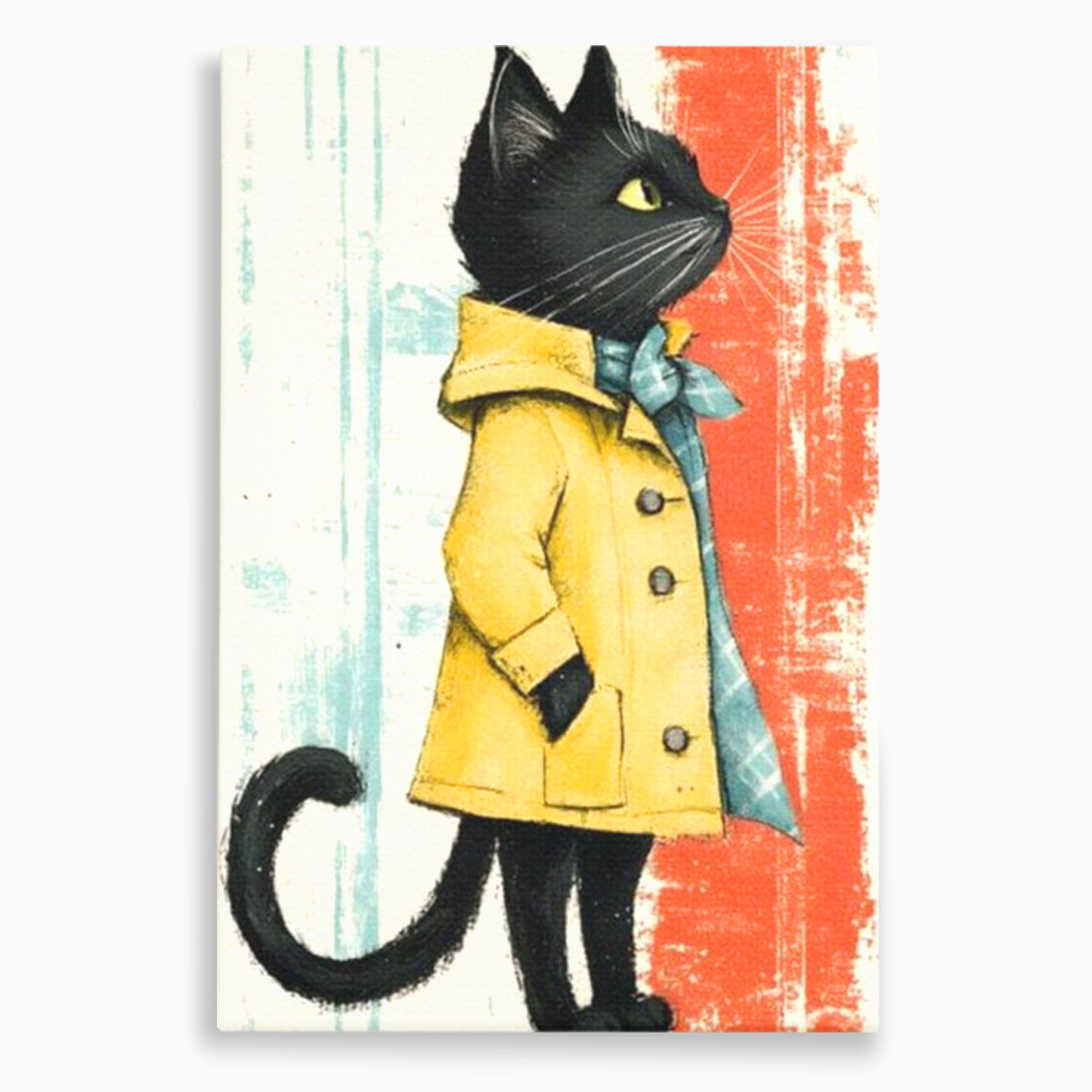 Tablou Canvas Premium, LuxCanva® K1028, Pisica Fashion,  Plimbare, Toamna, Eleganta, Felina, Ploaie, Haina, Pelerina, Galben, Pisici, Stilizare, Gradinita, Loc de Joaca, Camera Copii