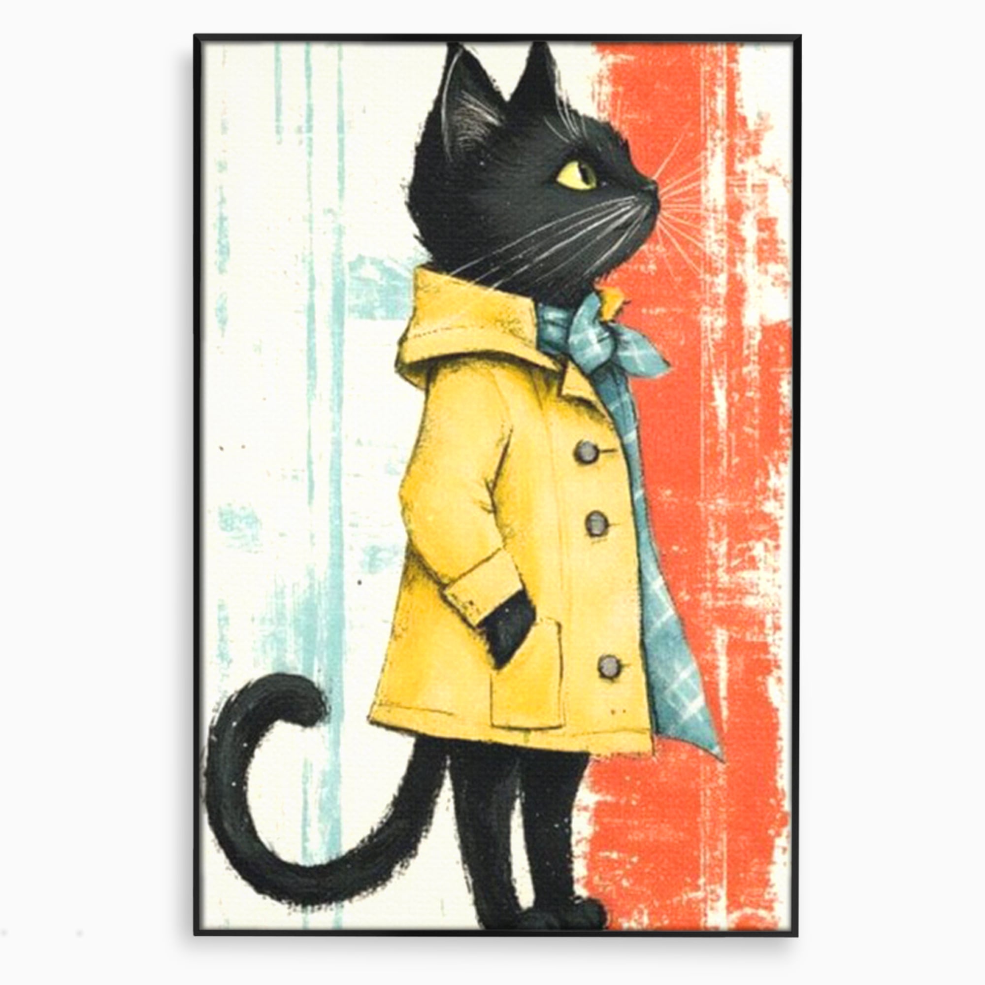 Tablou Canvas Premium, LuxCanva® K1028, Pisica Fashion,  Plimbare, Toamna, Eleganta, Felina, Ploaie, Haina, Pelerina, Galben, Pisici, Stilizare, Gradinita, Loc de Joaca, Camera Copii
