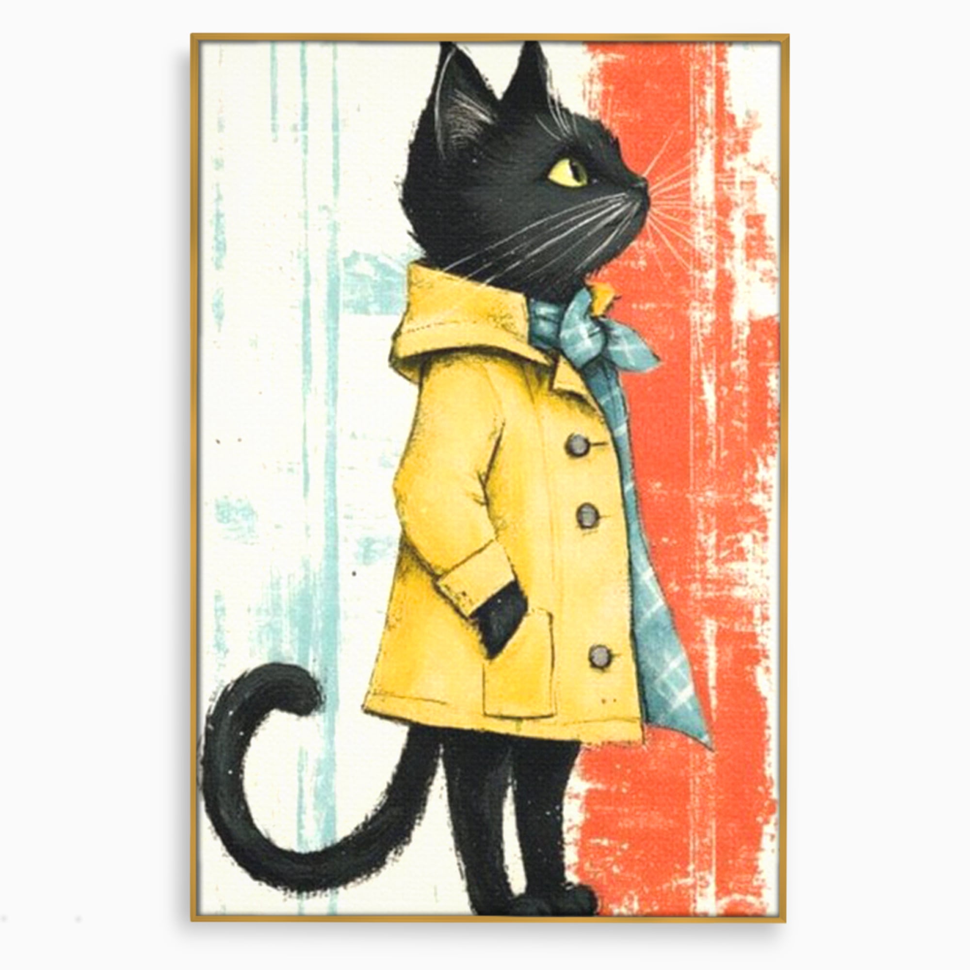 Tablou Canvas Premium, LuxCanva® K1028, Pisica Fashion,  Plimbare, Toamna, Eleganta, Felina, Ploaie, Haina, Pelerina, Galben, Pisici, Stilizare, Gradinita, Loc de Joaca, Camera Copii