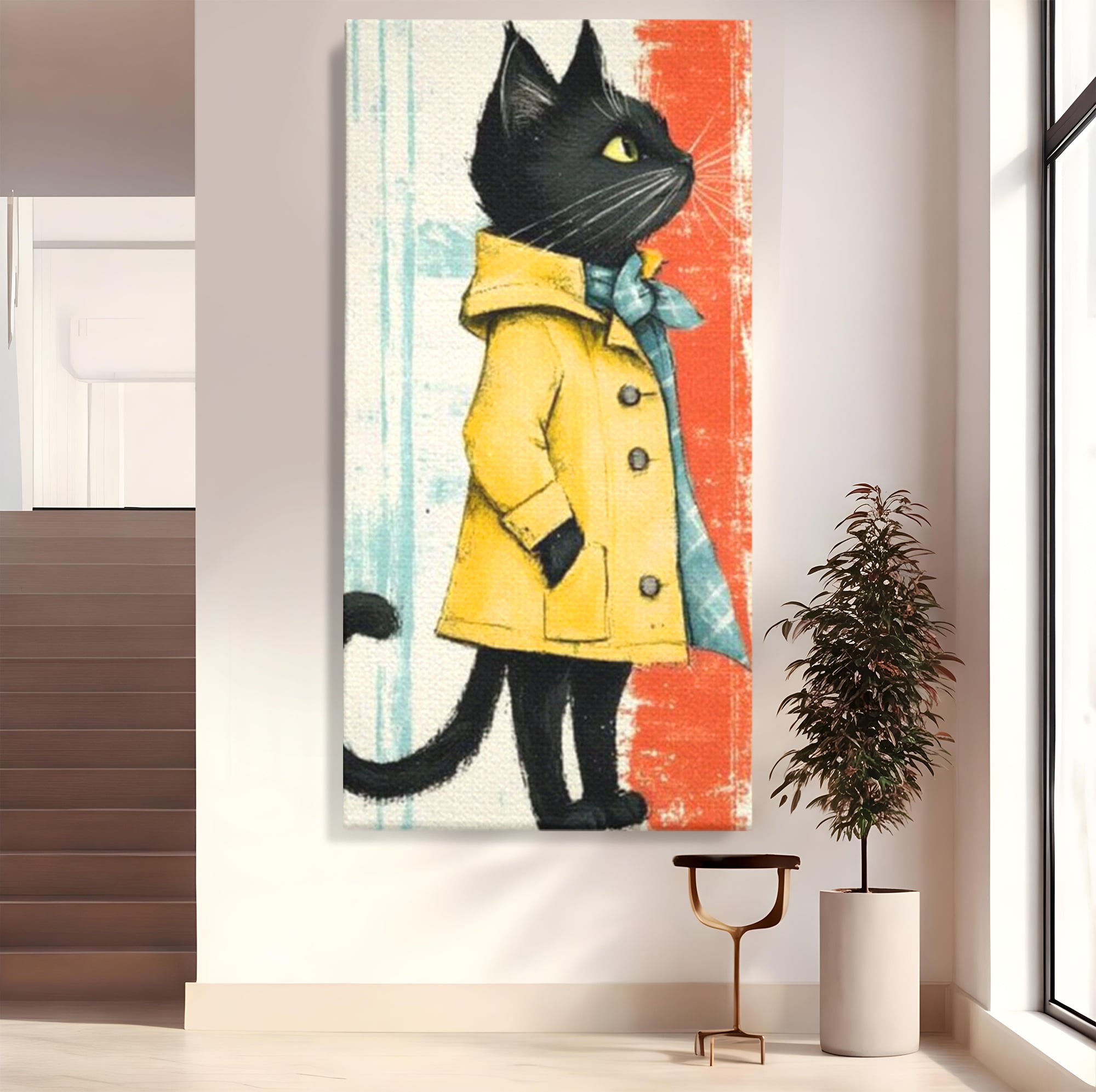 Tablou Canvas Premium, LuxCanva® K1028, Pisica Fashion,  Plimbare, Toamna, Eleganta, Felina, Ploaie, Haina, Pelerina, Galben, Pisici, Stilizare, Gradinita, Loc de Joaca, Camera Copii
