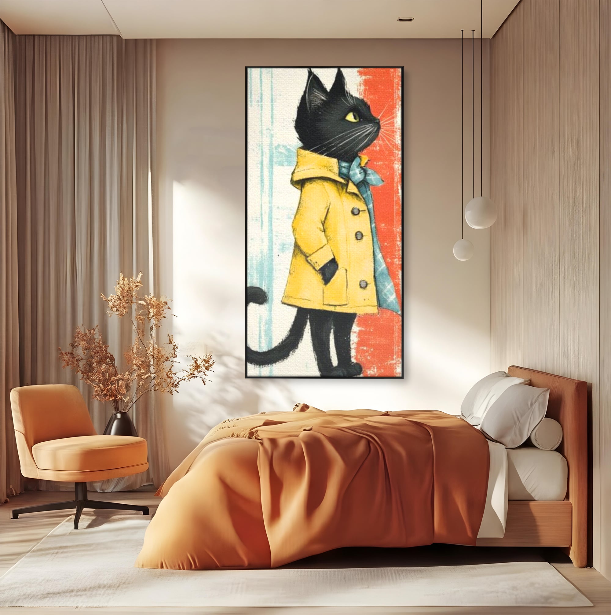 Tablou Canvas Premium, LuxCanva® K1028, Pisica Fashion,  Plimbare, Toamna, Eleganta, Felina, Ploaie, Haina, Pelerina, Galben, Pisici, Stilizare, Gradinita, Loc de Joaca, Camera Copii
