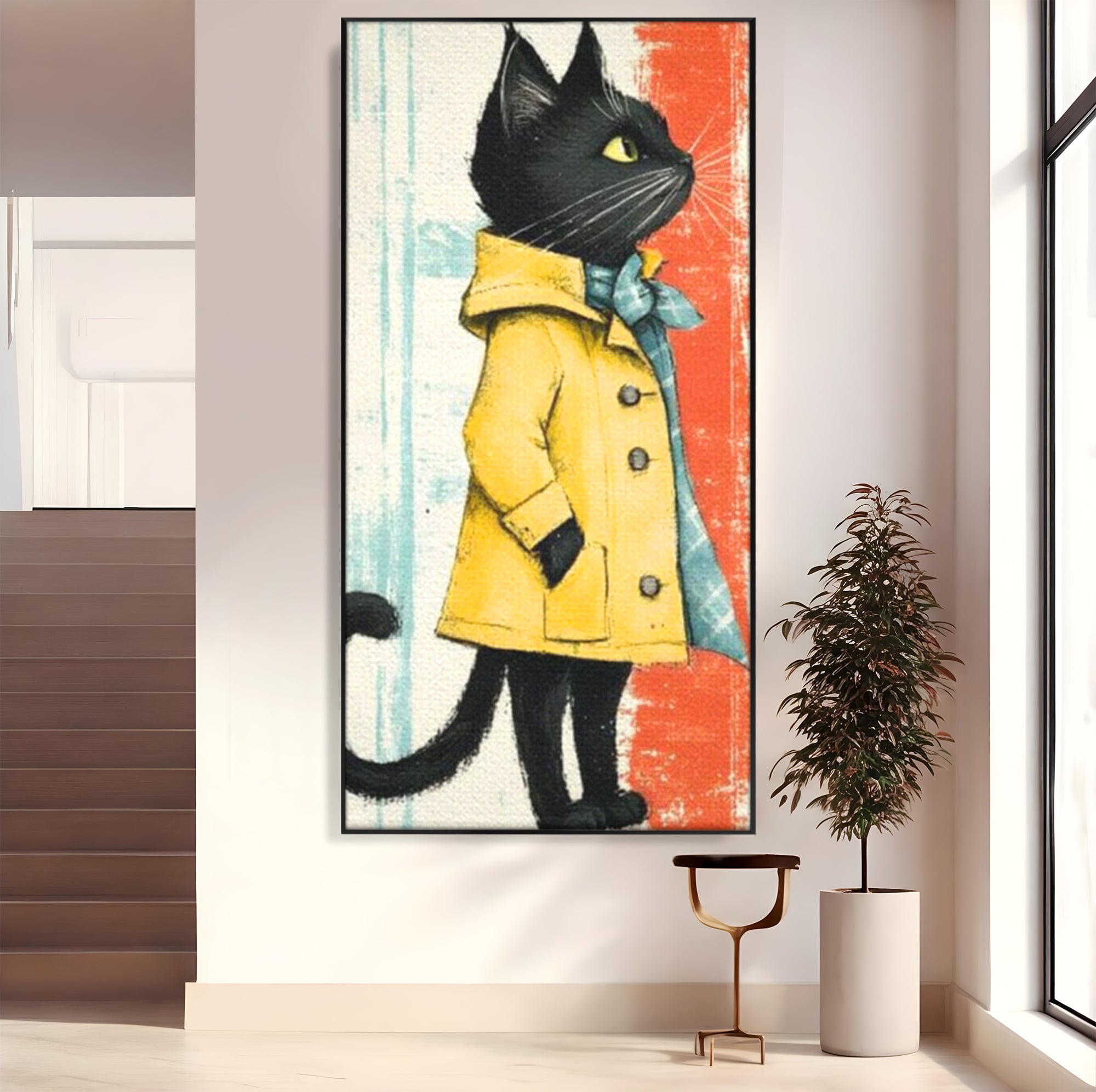 Tablou Canvas Premium, LuxCanva® K1028, Pisica Fashion,  Plimbare, Toamna, Eleganta, Felina, Ploaie, Haina, Pelerina, Galben, Pisici, Stilizare, Gradinita, Loc de Joaca, Camera Copii