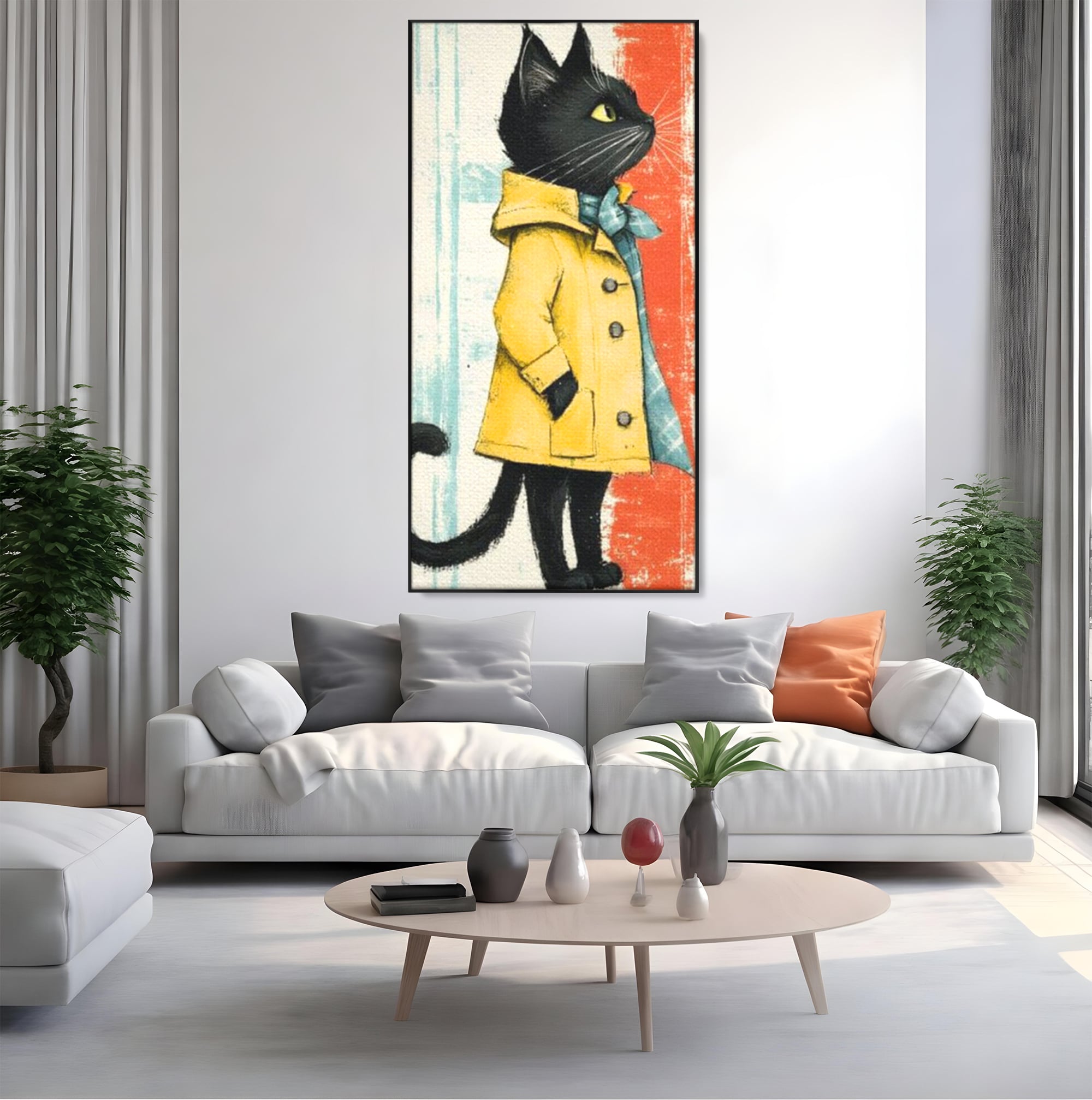 Tablou Canvas Premium, LuxCanva® K1028, Pisica Fashion,  Plimbare, Toamna, Eleganta, Felina, Ploaie, Haina, Pelerina, Galben, Pisici, Stilizare, Gradinita, Loc de Joaca, Camera Copii