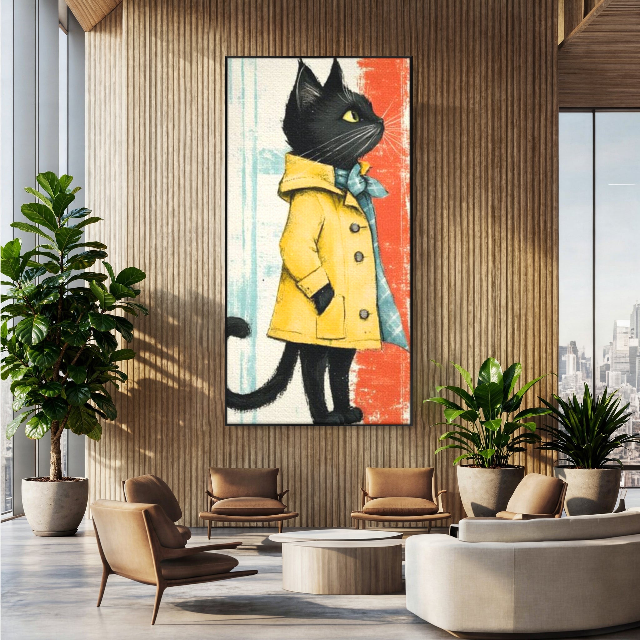 Tablou Canvas Premium, LuxCanva® K1028, Pisica Fashion,  Plimbare, Toamna, Eleganta, Felina, Ploaie, Haina, Pelerina, Galben, Pisici, Stilizare, Gradinita, Loc de Joaca, Camera Copii