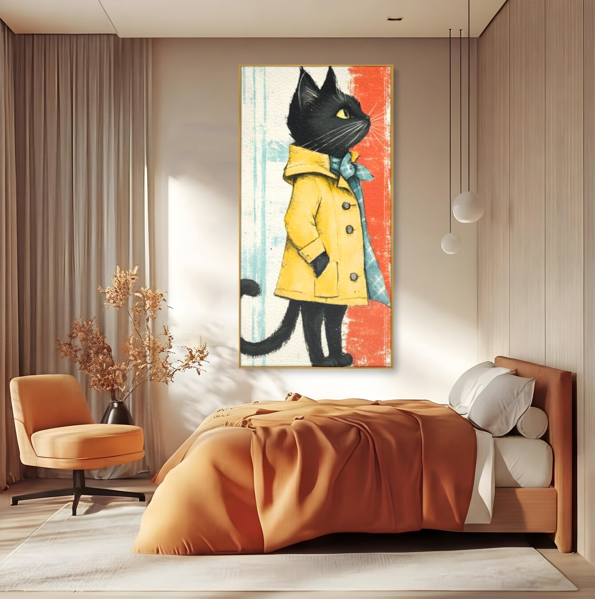 Tablou Canvas Premium, LuxCanva® K1028, Pisica Fashion,  Plimbare, Toamna, Eleganta, Felina, Ploaie, Haina, Pelerina, Galben, Pisici, Stilizare, Gradinita, Loc de Joaca, Camera Copii
