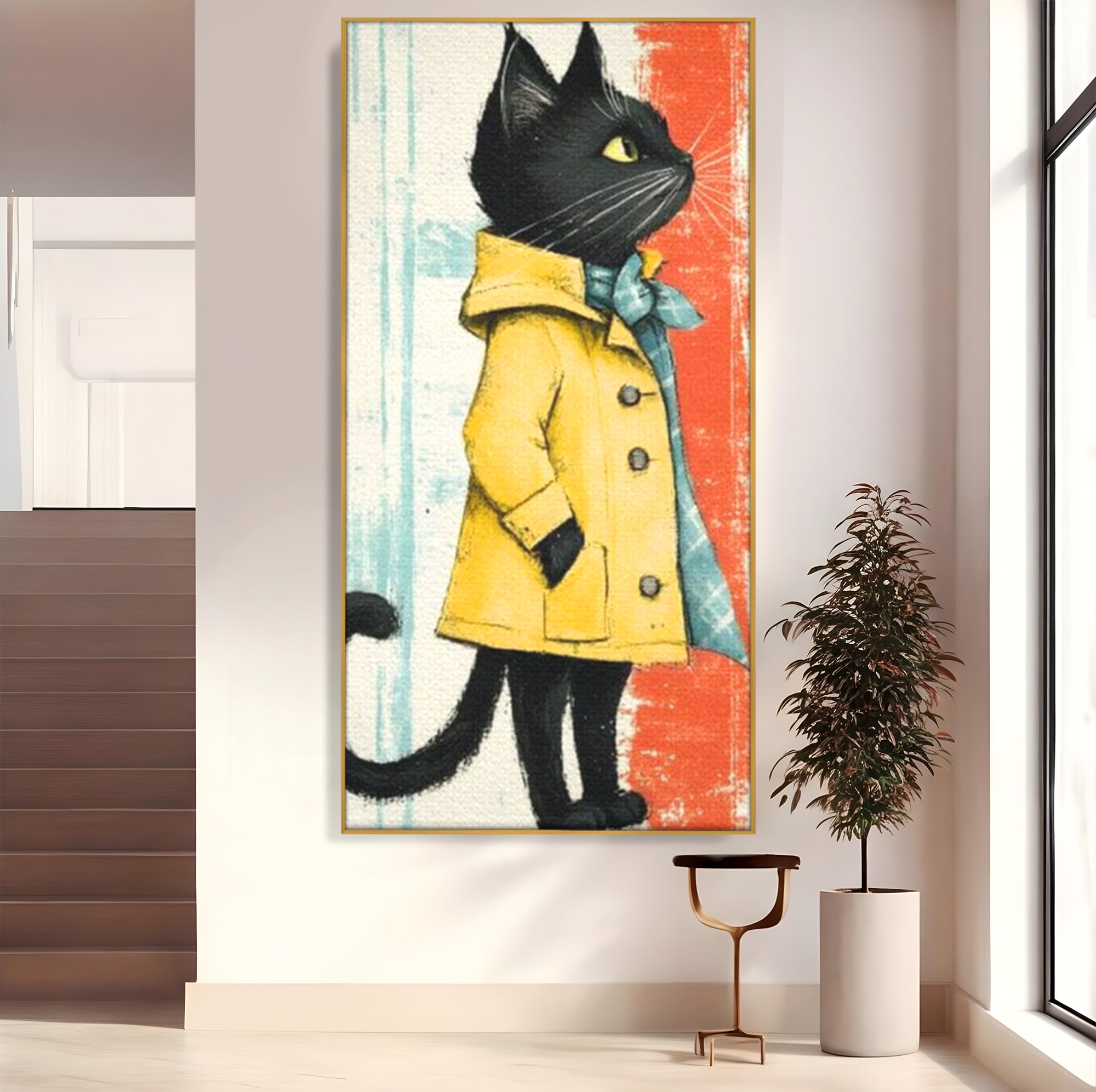 Tablou Canvas Premium, LuxCanva® K1028, Pisica Fashion,  Plimbare, Toamna, Eleganta, Felina, Ploaie, Haina, Pelerina, Galben, Pisici, Stilizare, Gradinita, Loc de Joaca, Camera Copii