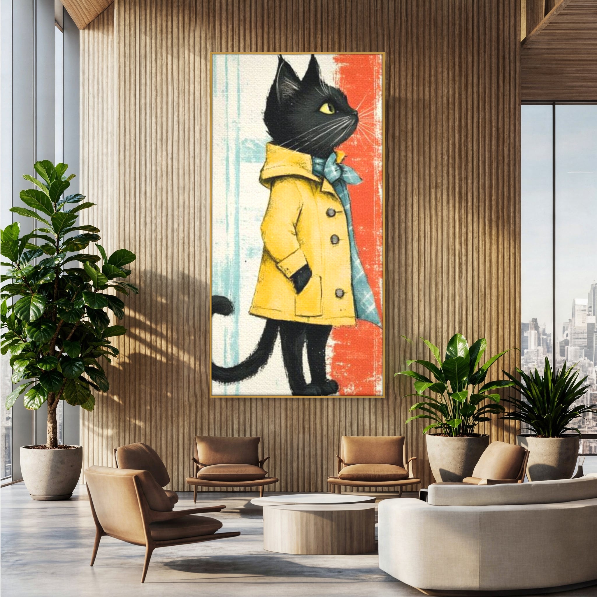 Tablou Canvas Premium, LuxCanva® K1028, Pisica Fashion,  Plimbare, Toamna, Eleganta, Felina, Ploaie, Haina, Pelerina, Galben, Pisici, Stilizare, Gradinita, Loc de Joaca, Camera Copii