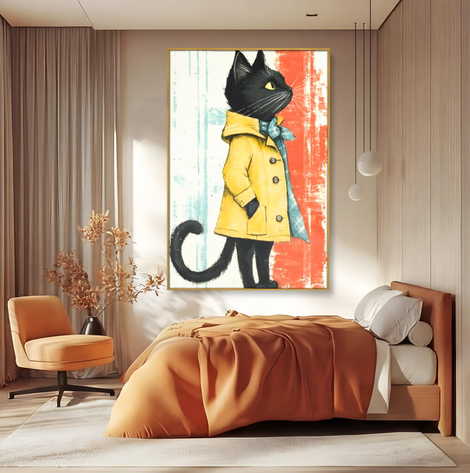 Tablou Canvas Premium, LuxCanva® K1028, Pisica Fashion,  Plimbare, Toamna, Eleganta, Felina, Ploaie, Haina, Pelerina, Galben, Pisici, Stilizare, Gradinita, Loc de Joaca, Camera Copii