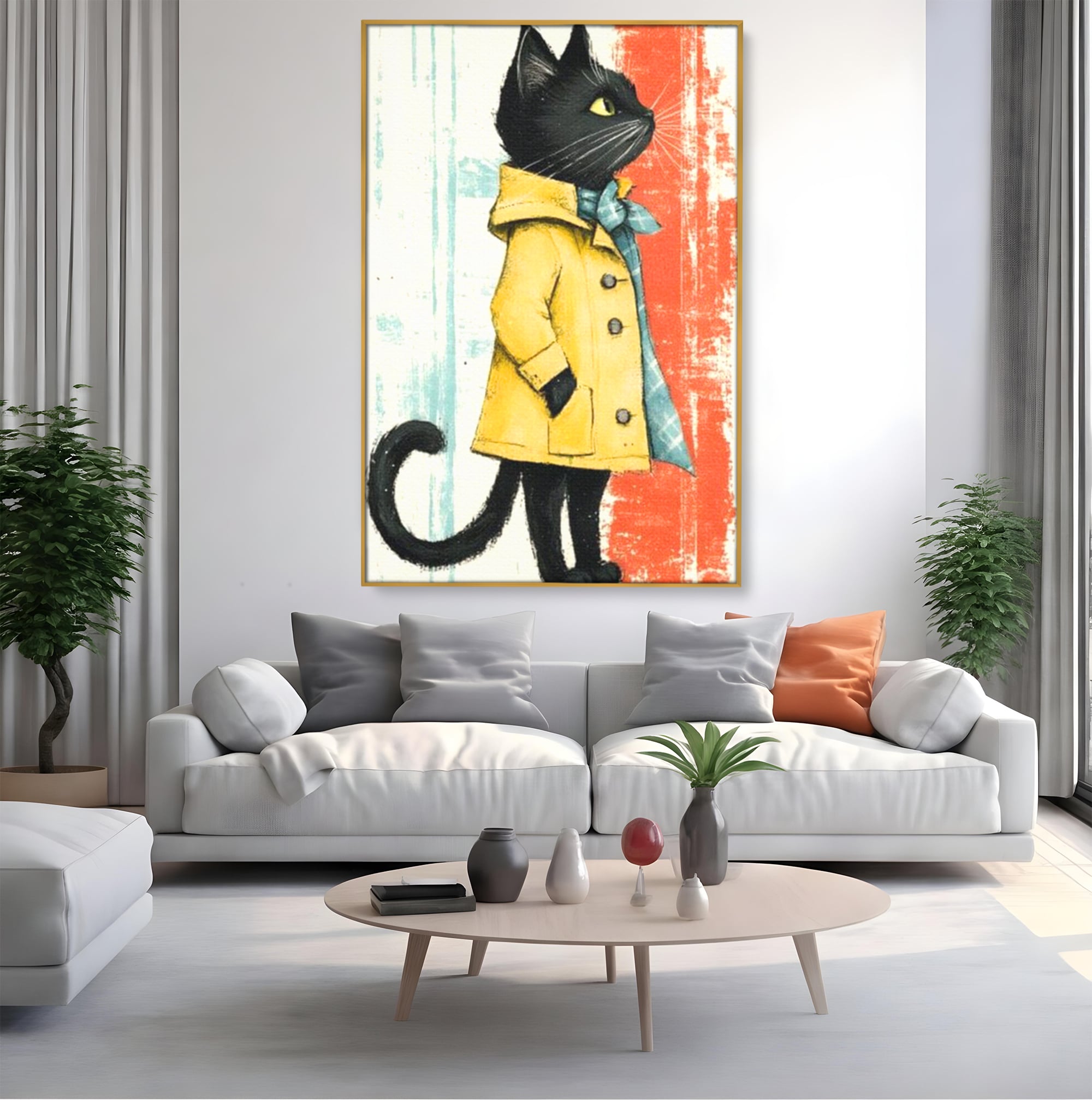 Tablou Canvas Premium, LuxCanva® K1028, Pisica Fashion,  Plimbare, Toamna, Eleganta, Felina, Ploaie, Haina, Pelerina, Galben, Pisici, Stilizare, Gradinita, Loc de Joaca, Camera Copii