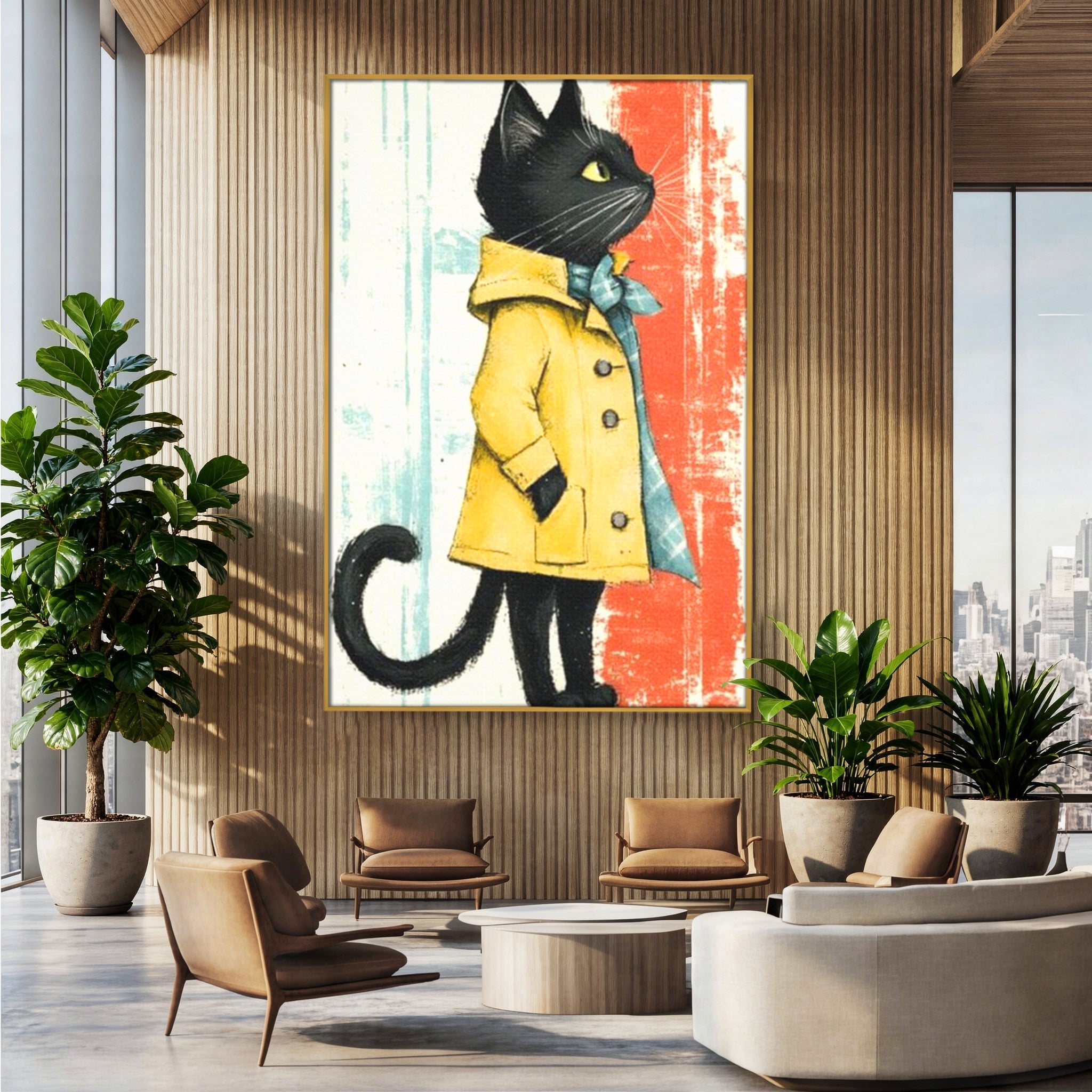 Tablou Canvas Premium, LuxCanva® K1028, Pisica Fashion,  Plimbare, Toamna, Eleganta, Felina, Ploaie, Haina, Pelerina, Galben, Pisici, Stilizare, Gradinita, Loc de Joaca, Camera Copii