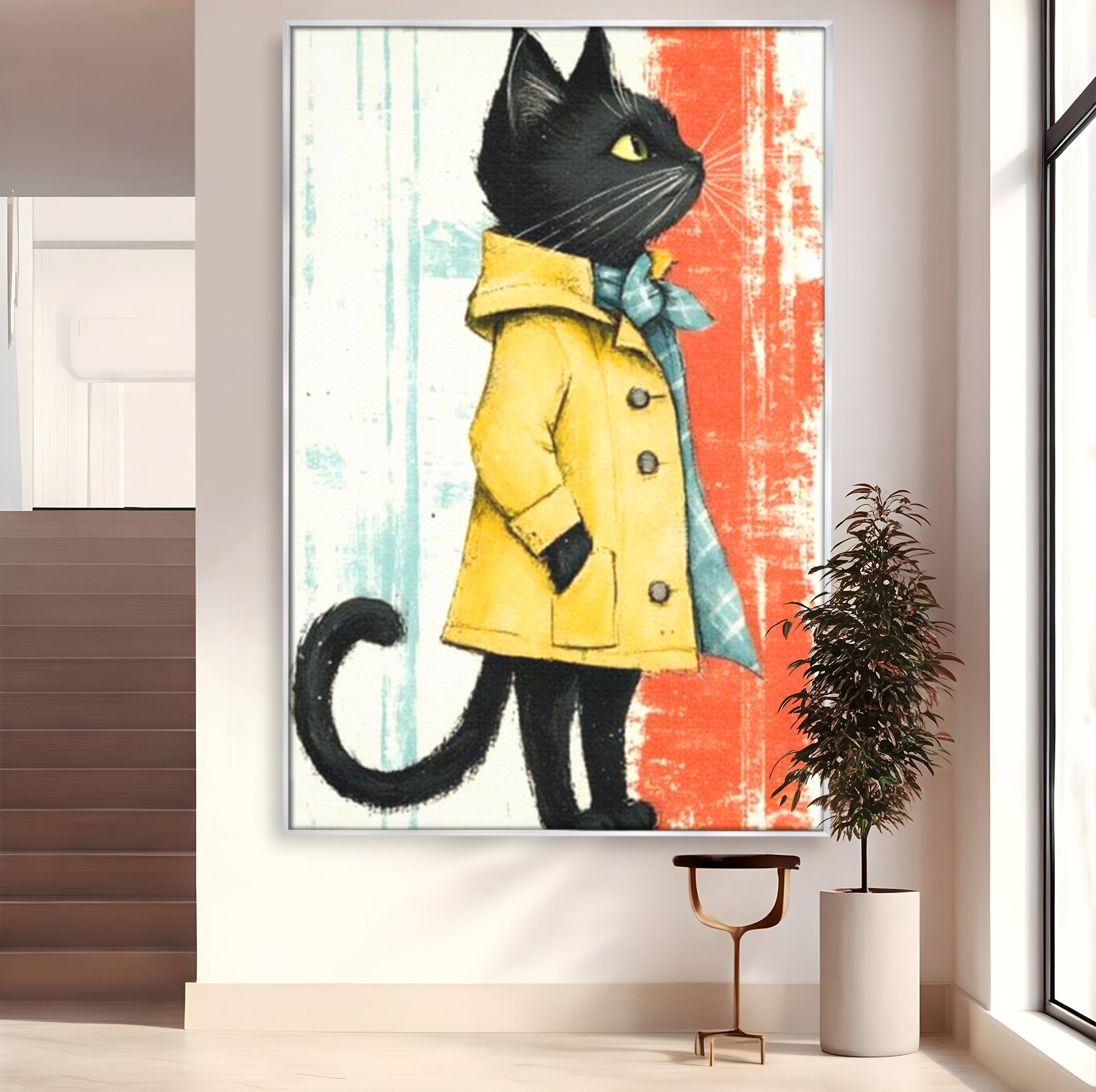 Tablou Canvas Premium, LuxCanva® K1028, Pisica Fashion,  Plimbare, Toamna, Eleganta, Felina, Ploaie, Haina, Pelerina, Galben, Pisici, Stilizare, Gradinita, Loc de Joaca, Camera Copii