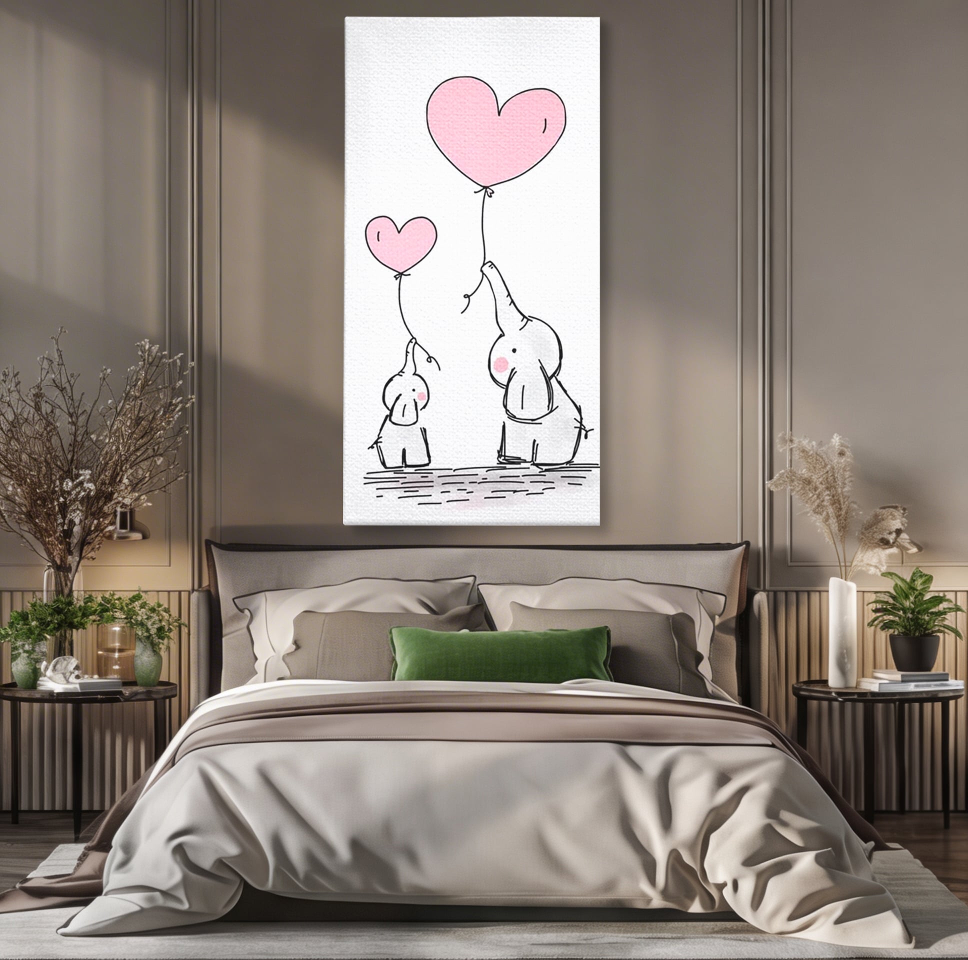 Leinwand Wandkunst Canvas Premium, LuxCanva® K1030, Ballons der Zuneigung, Link, Elefant, Herzen, Liebe, Unschuld, klein, groß, zusammen, Himmel, Wind, Sanftheit, Kindheit, Babyzimmer, Schlafzimmer