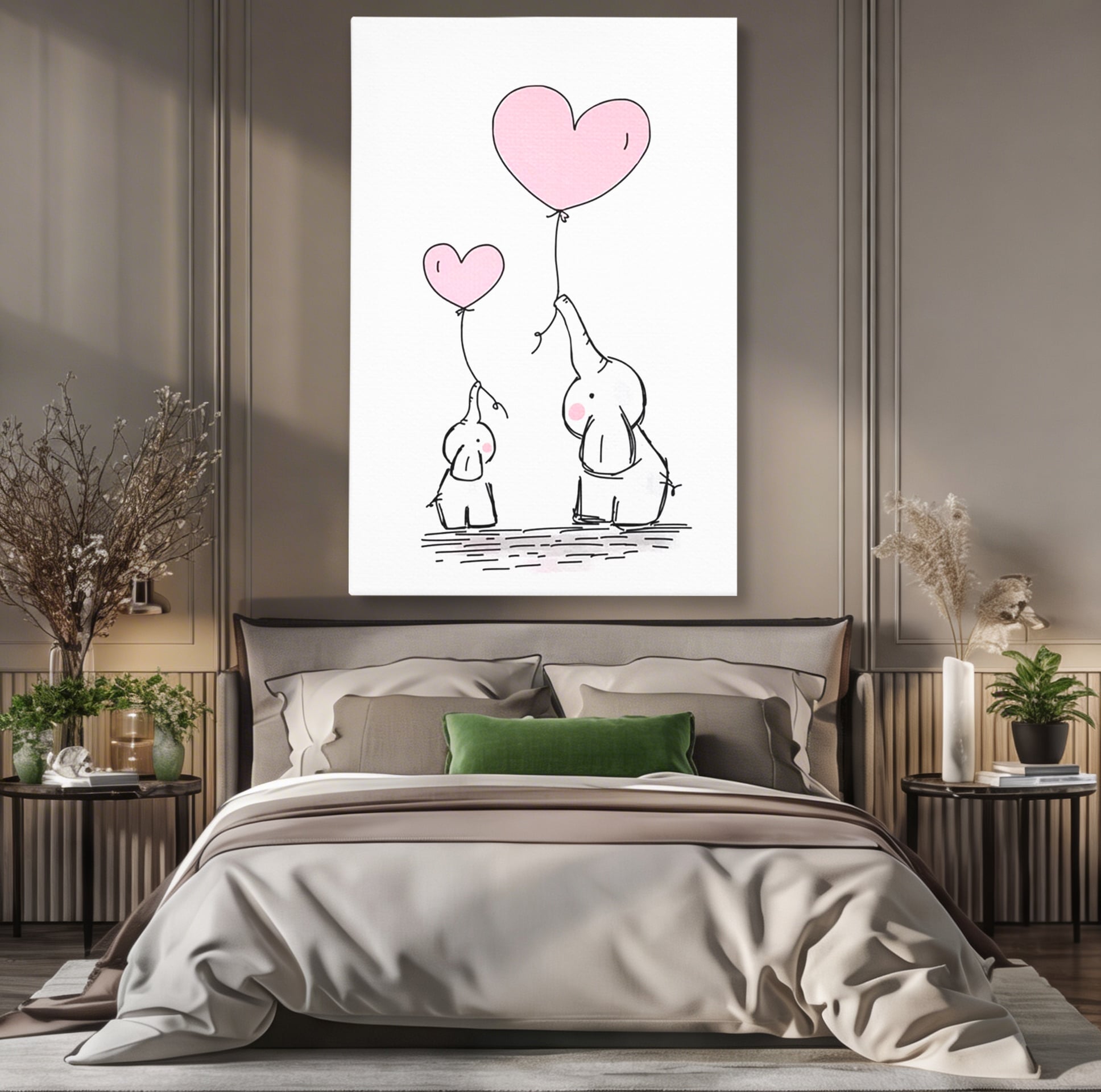 Leinwand Wandkunst Canvas Premium, LuxCanva® K1030, Ballons der Zuneigung, Link, Elefant, Herzen, Liebe, Unschuld, klein, groß, zusammen, Himmel, Wind, Sanftheit, Kindheit, Babyzimmer, Schlafzimmer