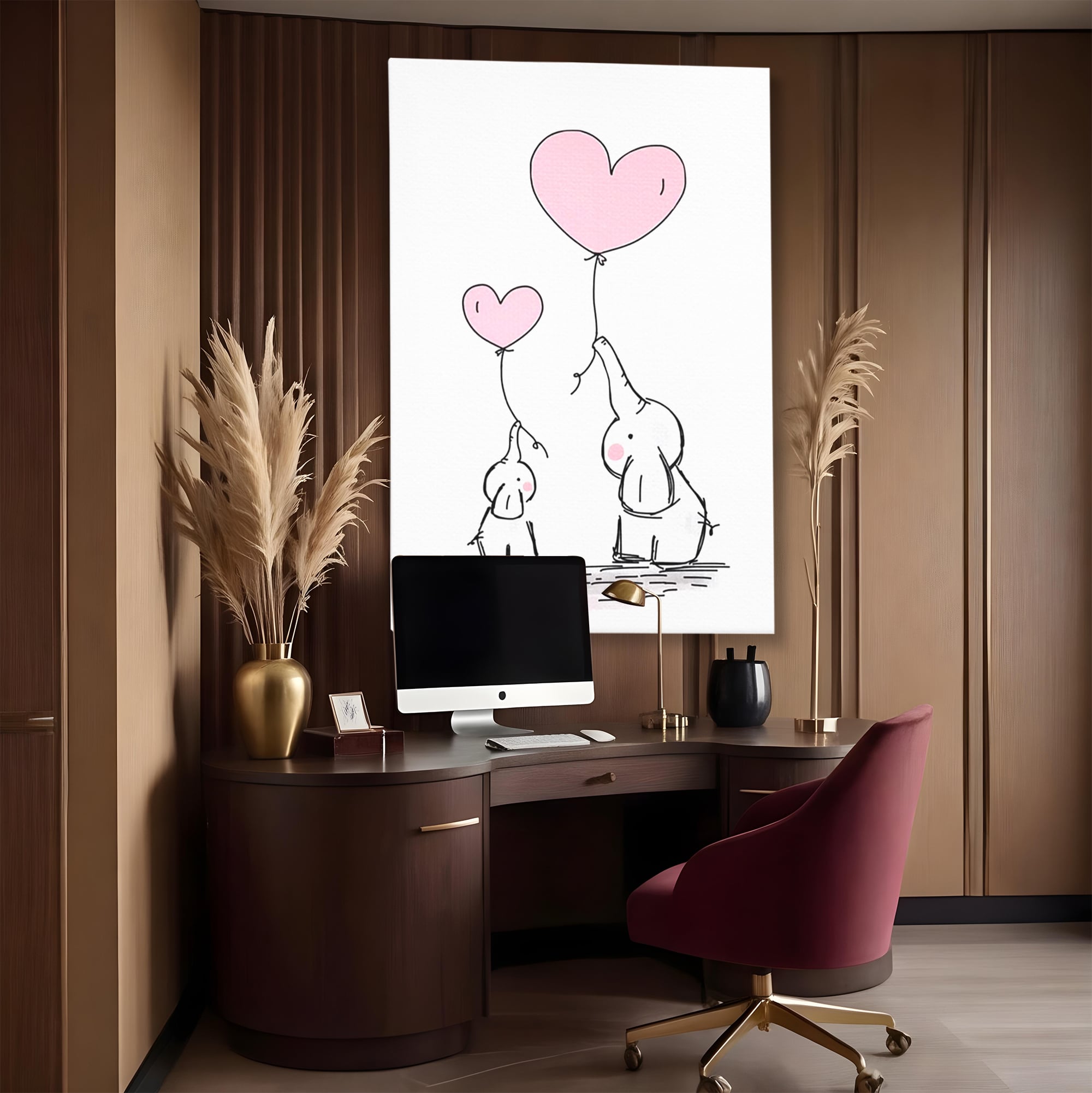 Leinwand Wandkunst Canvas Premium, LuxCanva® K1030, Ballons der Zuneigung, Link, Elefant, Herzen, Liebe, Unschuld, klein, groß, zusammen, Himmel, Wind, Sanftheit, Kindheit, Babyzimmer, Schlafzimmer