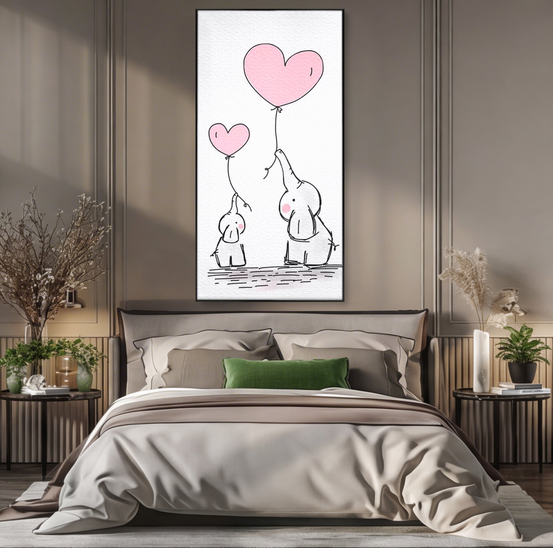 Leinwand Wandkunst Canvas Premium, LuxCanva® K1030, Ballons der Zuneigung, Link, Elefant, Herzen, Liebe, Unschuld, klein, groß, zusammen, Himmel, Wind, Sanftheit, Kindheit, Babyzimmer, Schlafzimmer