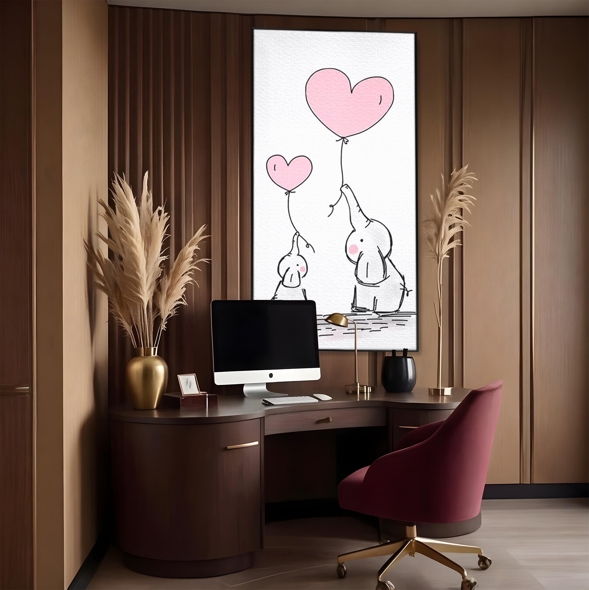 Leinwand Wandkunst Canvas Premium, LuxCanva® K1030, Ballons der Zuneigung, Link, Elefant, Herzen, Liebe, Unschuld, klein, groß, zusammen, Himmel, Wind, Sanftheit, Kindheit, Babyzimmer, Schlafzimmer