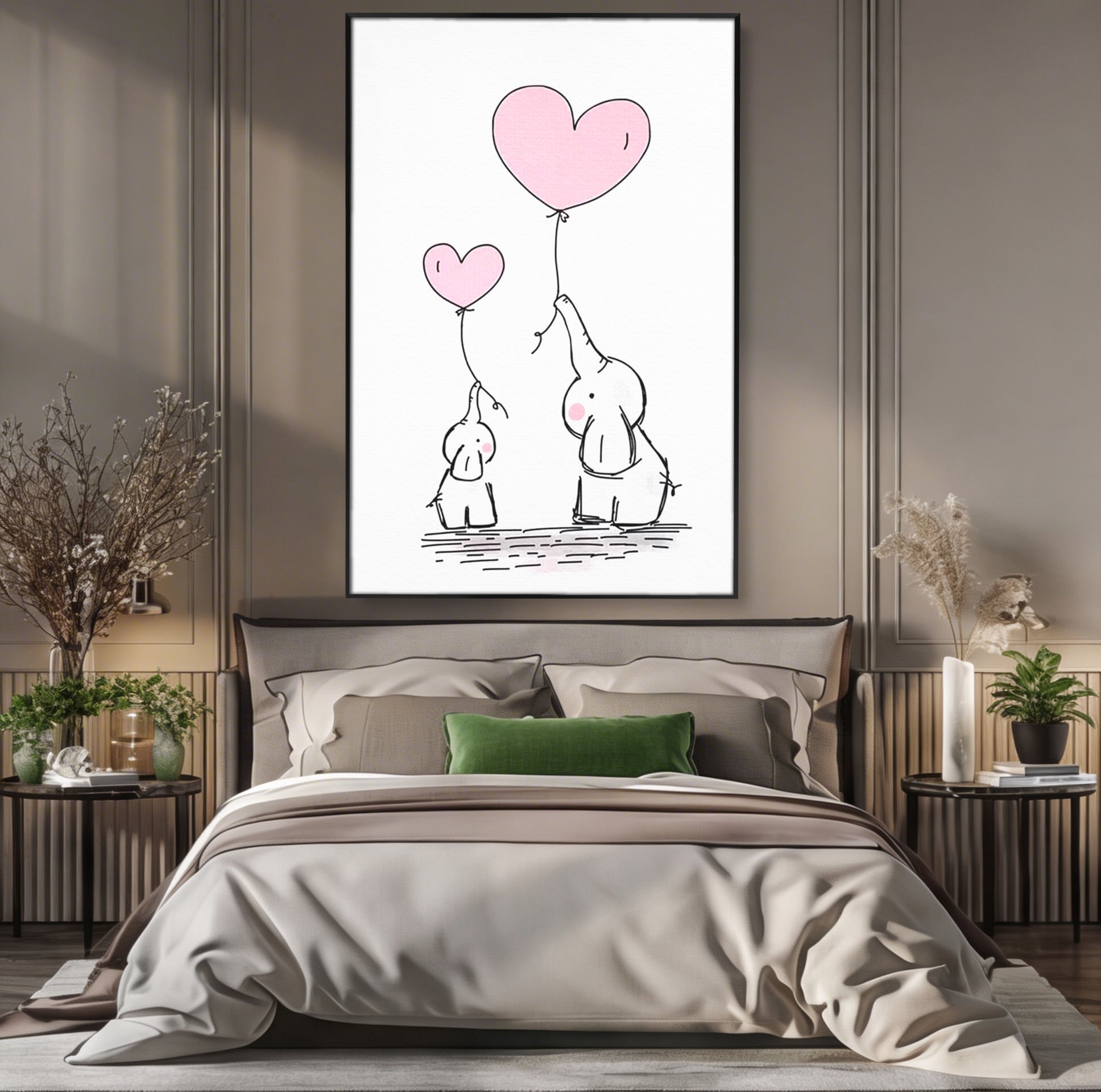 Leinwand Wandkunst Canvas Premium, LuxCanva® K1030, Ballons der Zuneigung, Link, Elefant, Herzen, Liebe, Unschuld, klein, groß, zusammen, Himmel, Wind, Sanftheit, Kindheit, Babyzimmer, Schlafzimmer
