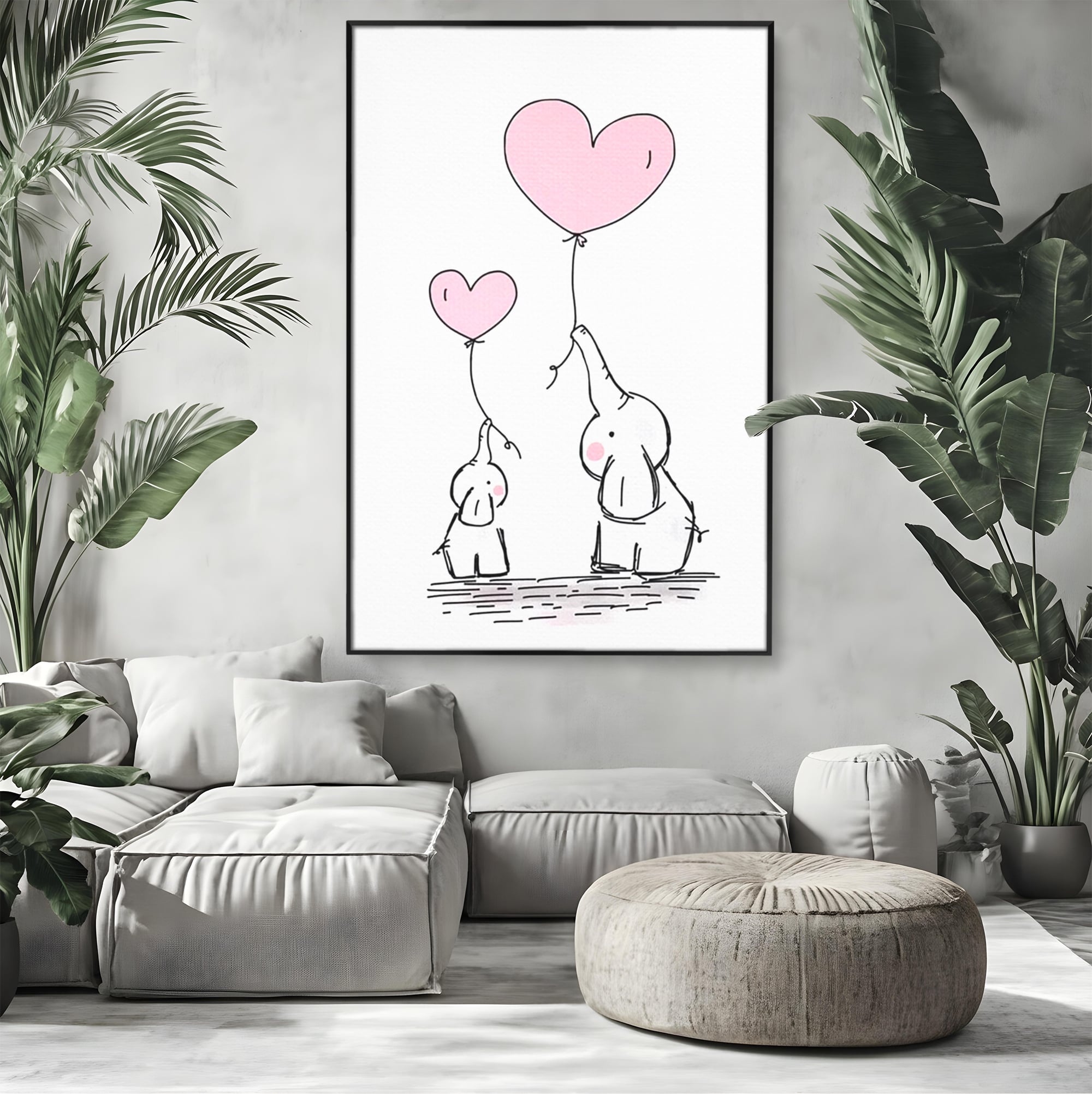 Leinwand Wandkunst Canvas Premium, LuxCanva® K1030, Ballons der Zuneigung, Link, Elefant, Herzen, Liebe, Unschuld, klein, groß, zusammen, Himmel, Wind, Sanftheit, Kindheit, Babyzimmer, Schlafzimmer