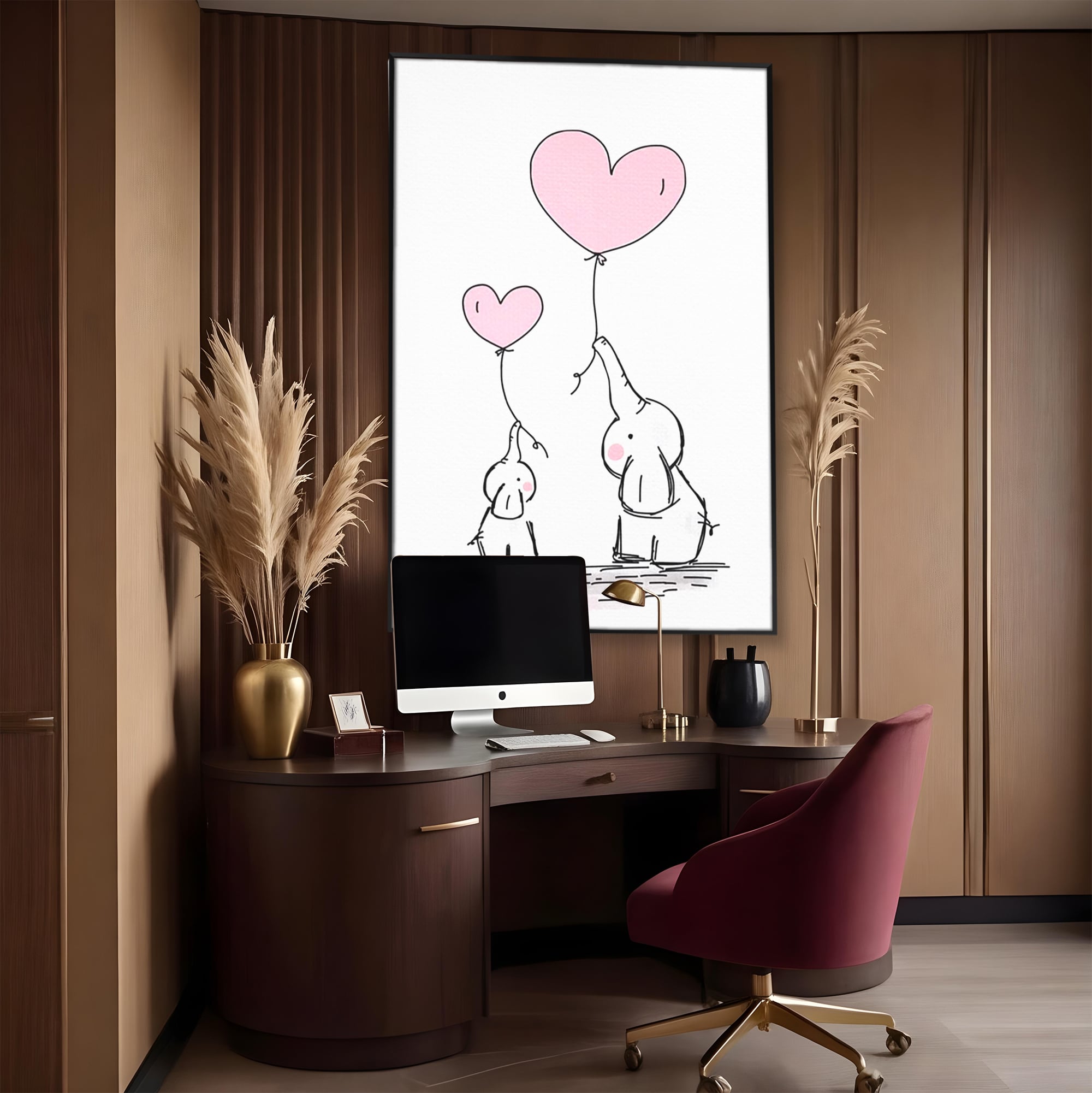 Leinwand Wandkunst Canvas Premium, LuxCanva® K1030, Ballons der Zuneigung, Link, Elefant, Herzen, Liebe, Unschuld, klein, groß, zusammen, Himmel, Wind, Sanftheit, Kindheit, Babyzimmer, Schlafzimmer