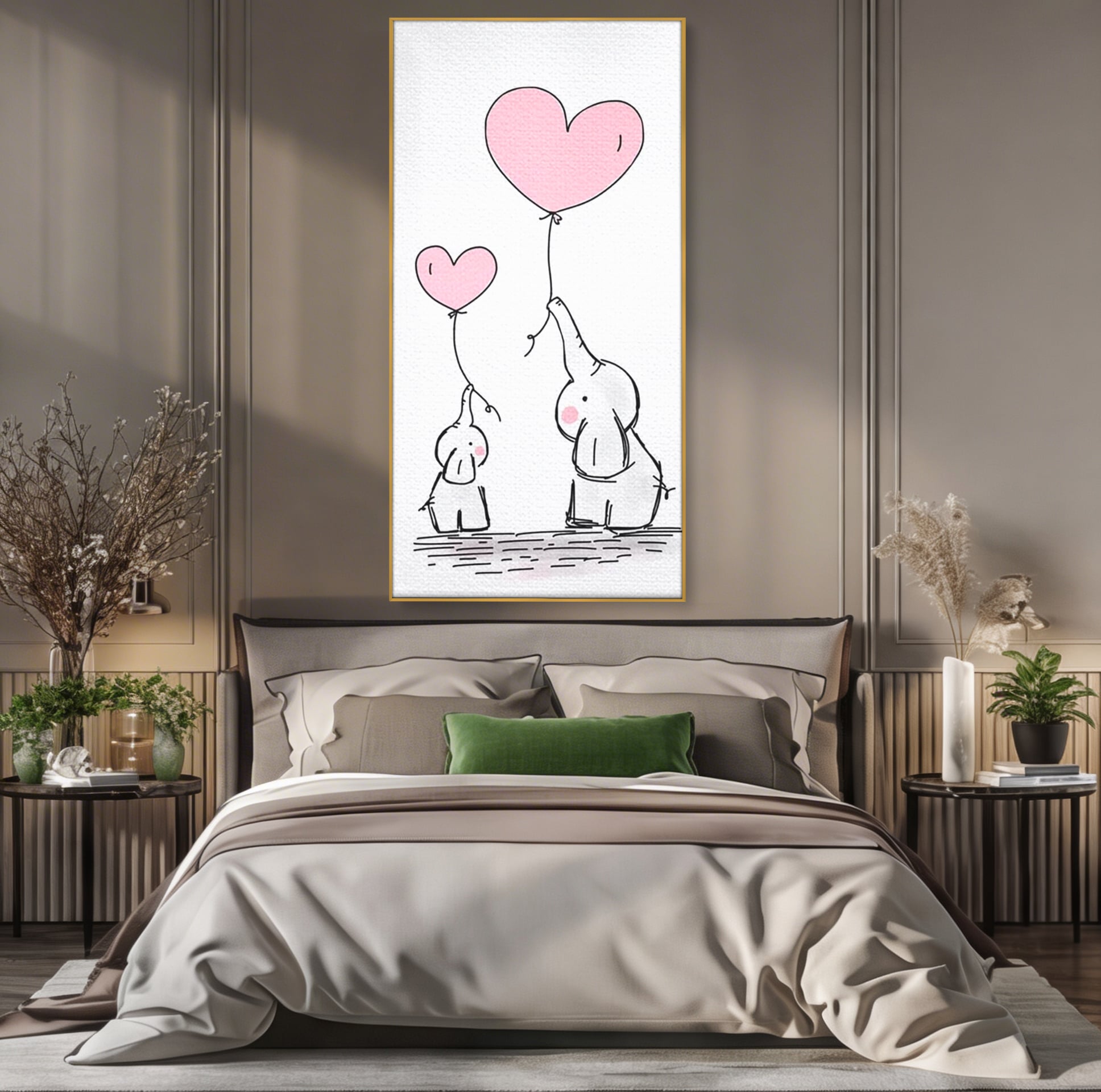 Leinwand Wandkunst Canvas Premium, LuxCanva® K1030, Ballons der Zuneigung, Link, Elefant, Herzen, Liebe, Unschuld, klein, groß, zusammen, Himmel, Wind, Sanftheit, Kindheit, Babyzimmer, Schlafzimmer