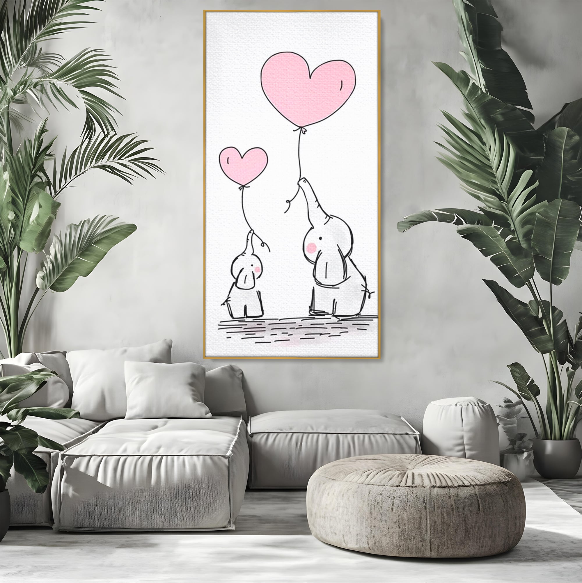 Leinwand Wandkunst Canvas Premium, LuxCanva® K1030, Ballons der Zuneigung, Link, Elefant, Herzen, Liebe, Unschuld, klein, groß, zusammen, Himmel, Wind, Sanftheit, Kindheit, Babyzimmer, Schlafzimmer