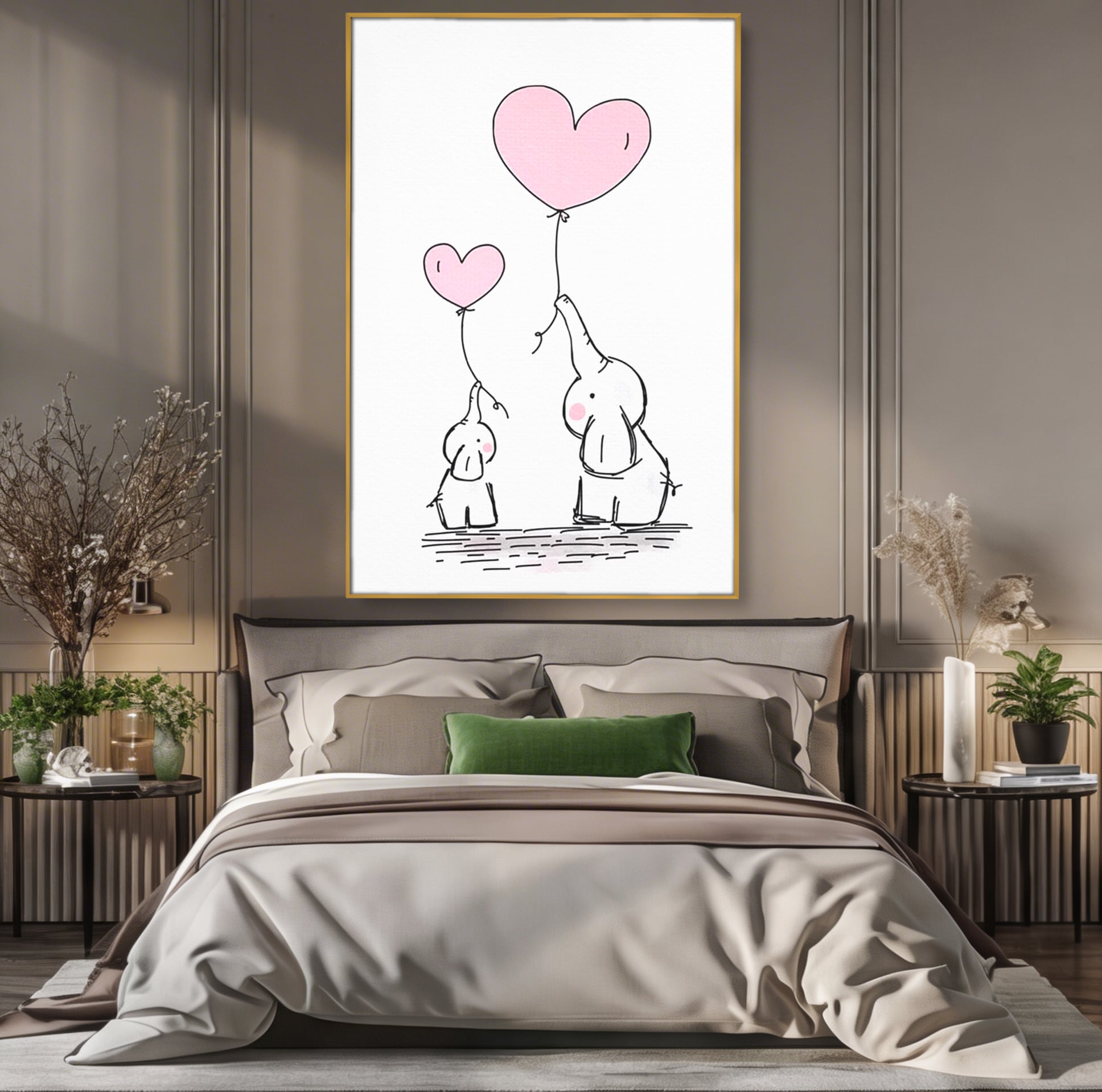 Leinwand Wandkunst Canvas Premium, LuxCanva® K1030, Ballons der Zuneigung, Link, Elefant, Herzen, Liebe, Unschuld, klein, groß, zusammen, Himmel, Wind, Sanftheit, Kindheit, Babyzimmer, Schlafzimmer