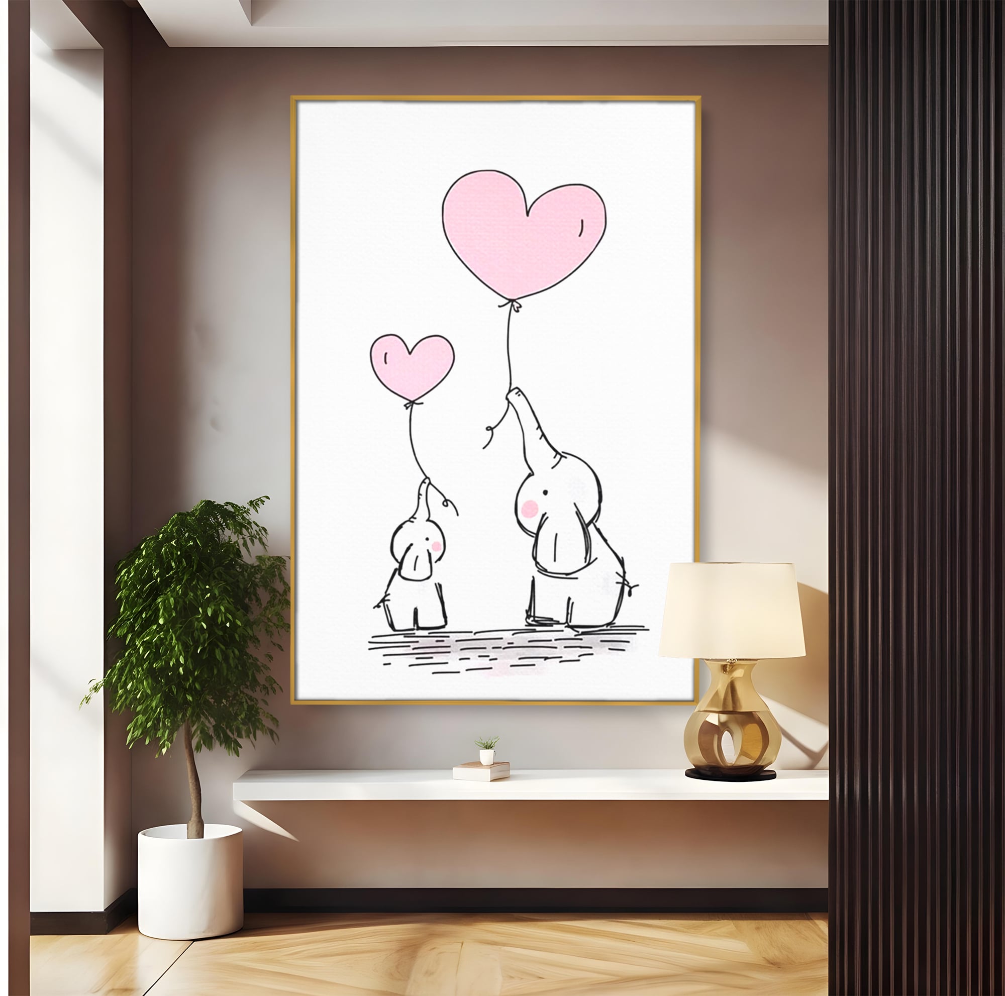 Leinwand Wandkunst Canvas Premium, LuxCanva® K1030, Ballons der Zuneigung, Link, Elefant, Herzen, Liebe, Unschuld, klein, groß, zusammen, Himmel, Wind, Sanftheit, Kindheit, Babyzimmer, Schlafzimmer