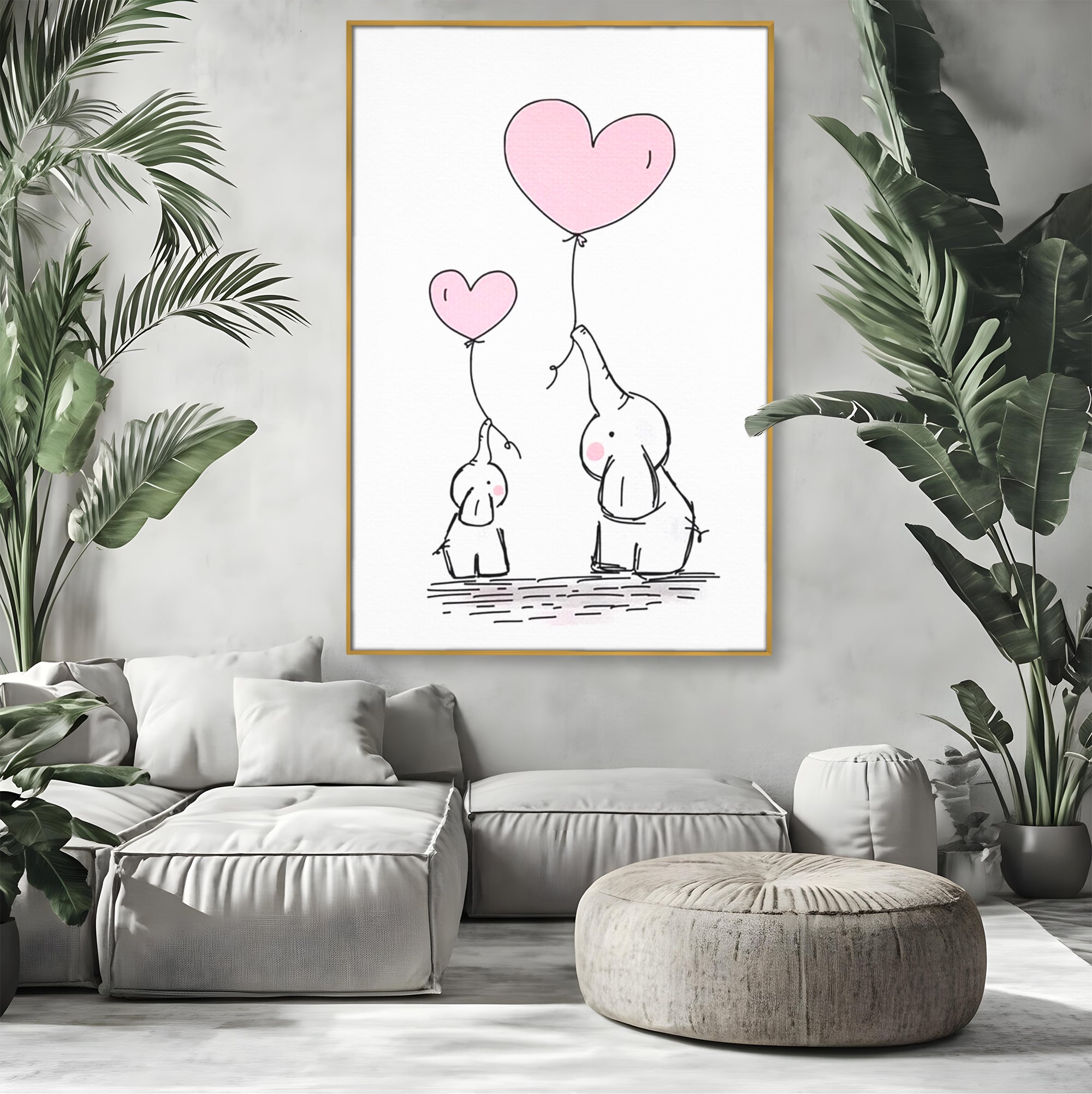Leinwand Wandkunst Canvas Premium, LuxCanva® K1030, Ballons der Zuneigung, Link, Elefant, Herzen, Liebe, Unschuld, klein, groß, zusammen, Himmel, Wind, Sanftheit, Kindheit, Babyzimmer, Schlafzimmer