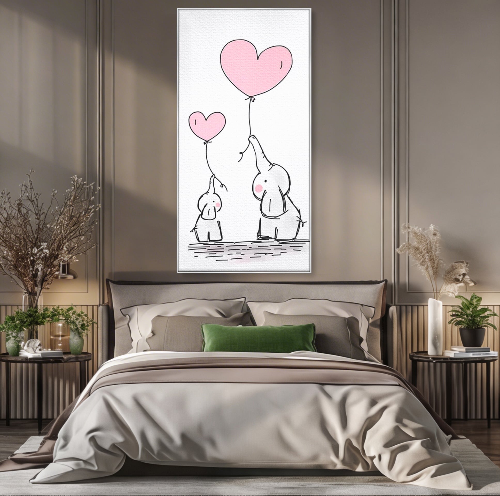 Leinwand Wandkunst Canvas Premium, LuxCanva® K1030, Ballons der Zuneigung, Link, Elefant, Herzen, Liebe, Unschuld, klein, groß, zusammen, Himmel, Wind, Sanftheit, Kindheit, Babyzimmer, Schlafzimmer