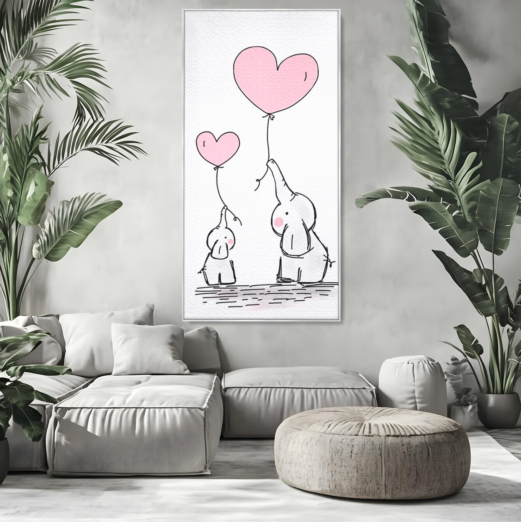 Leinwand Wandkunst Canvas Premium, LuxCanva® K1030, Ballons der Zuneigung, Link, Elefant, Herzen, Liebe, Unschuld, klein, groß, zusammen, Himmel, Wind, Sanftheit, Kindheit, Babyzimmer, Schlafzimmer