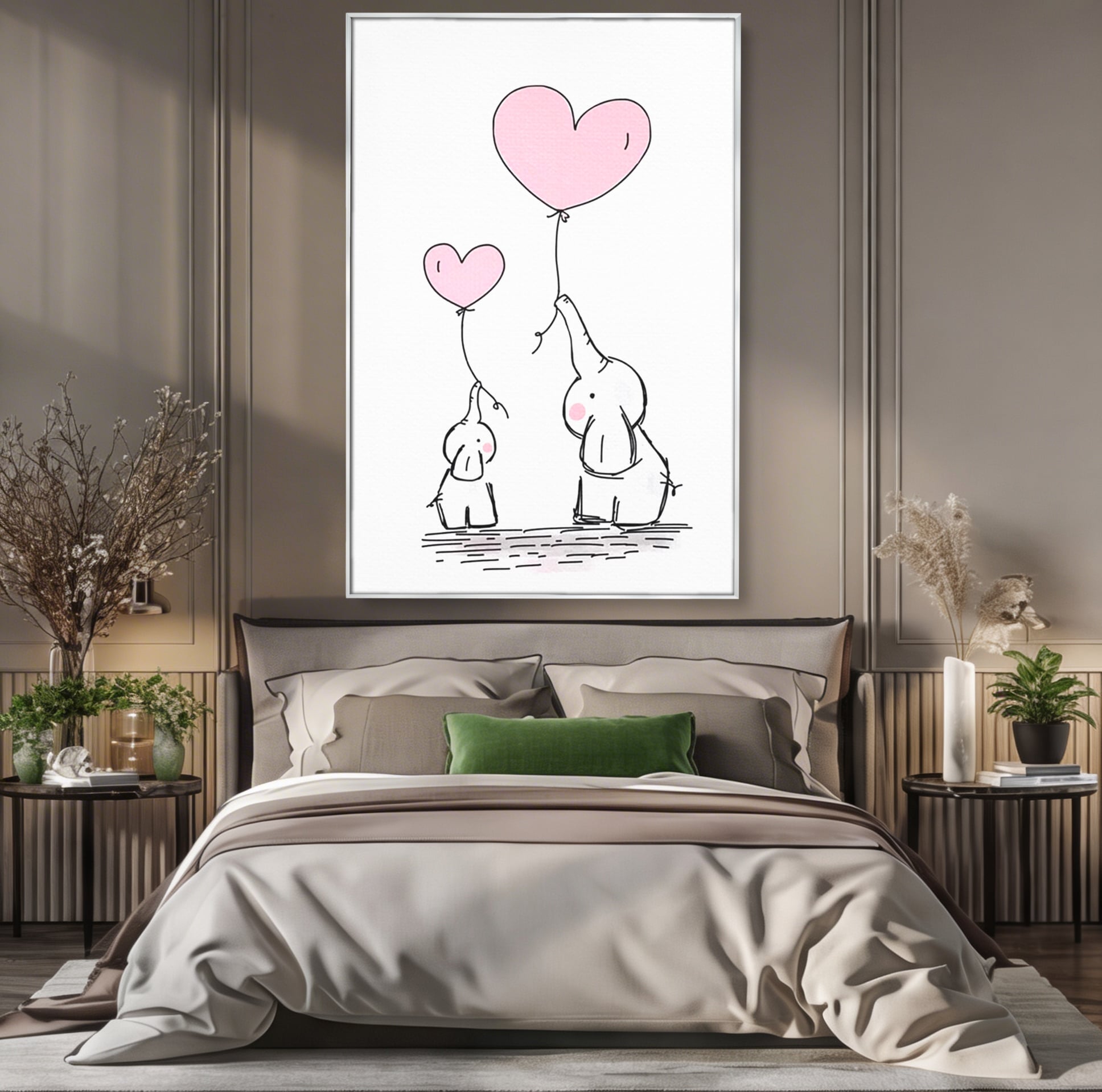 Leinwand Wandkunst Canvas Premium, LuxCanva® K1030, Ballons der Zuneigung, Link, Elefant, Herzen, Liebe, Unschuld, klein, groß, zusammen, Himmel, Wind, Sanftheit, Kindheit, Babyzimmer, Schlafzimmer