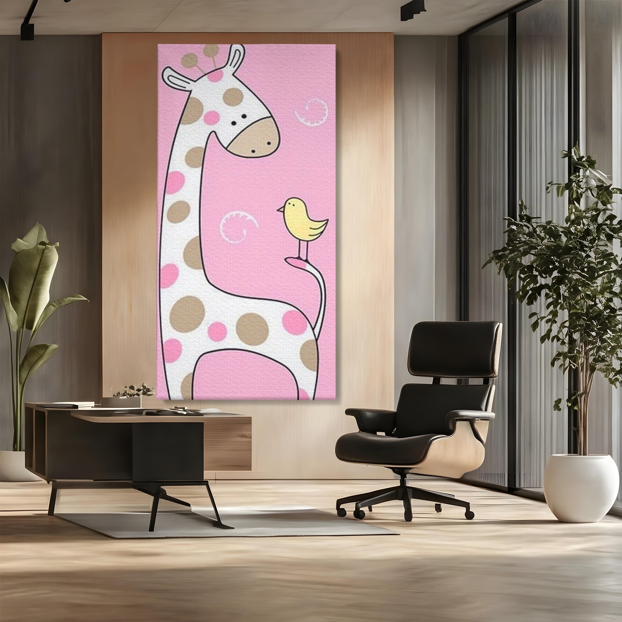 Tablou Canvas Premium, LuxCanva® K1031, Girafa si Puiul, Prietenie, Varf, Coada, Roz, Povesti, Zambete, Pastelat, Suflete, Joaca, Inocenta, Copil, Creativitate, Camera Copil, Dormitor
