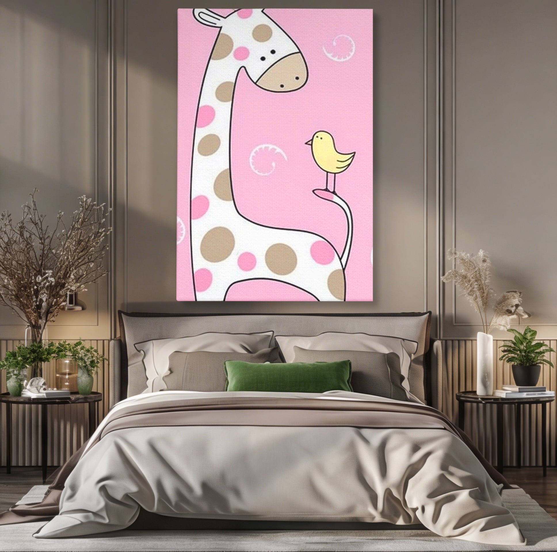 Tablou Canvas Premium, LuxCanva® K1031, Girafa si Puiul, Prietenie, Varf, Coada, Roz, Povesti, Zambete, Pastelat, Suflete, Joaca, Inocenta, Copil, Creativitate, Camera Copil, Dormitor
