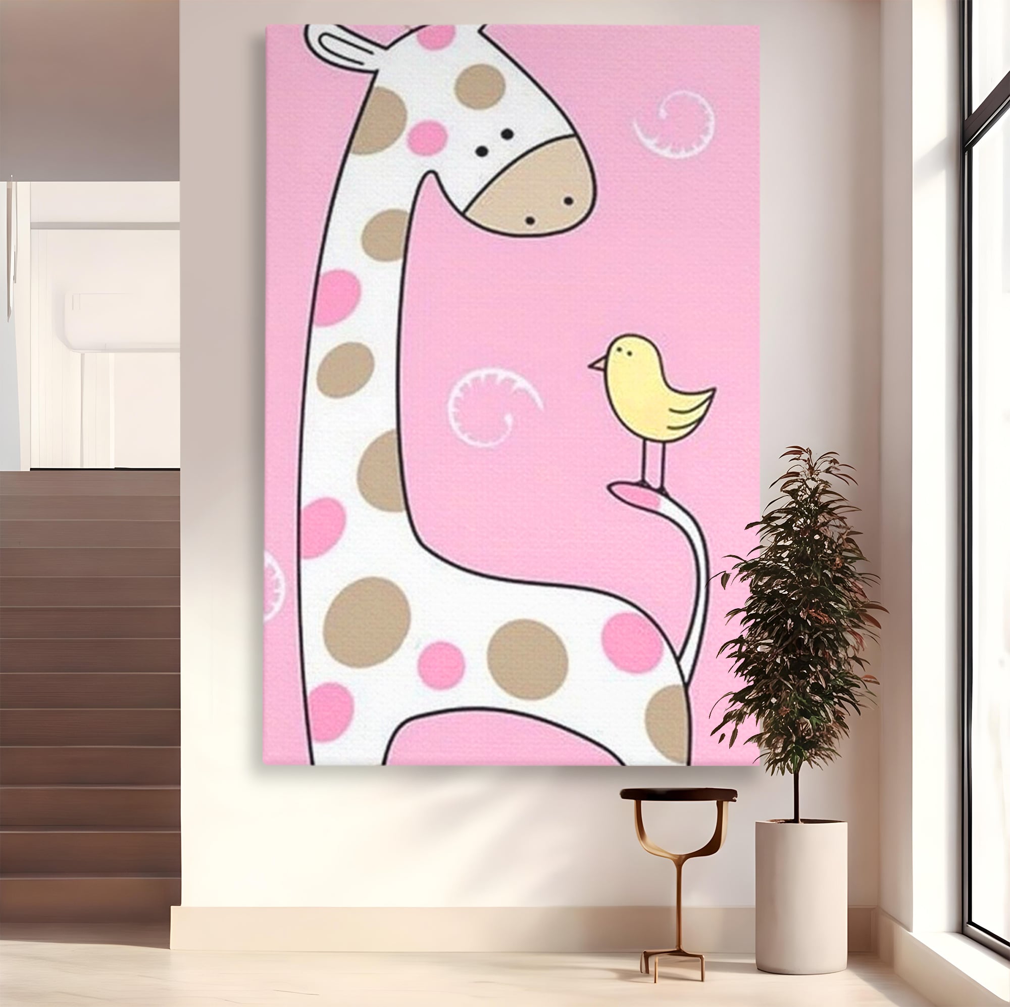 Tablou Canvas Premium, LuxCanva® K1031, Girafa si Puiul, Prietenie, Varf, Coada, Roz, Povesti, Zambete, Pastelat, Suflete, Joaca, Inocenta, Copil, Creativitate, Camera Copil, Dormitor