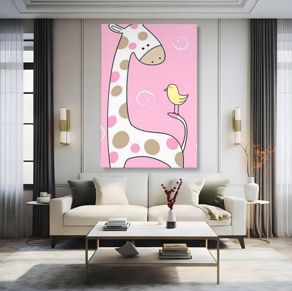 Tablou Canvas Premium, LuxCanva® K1031, Girafa si Puiul, Prietenie, Varf, Coada, Roz, Povesti, Zambete, Pastelat, Suflete, Joaca, Inocenta, Copil, Creativitate, Camera Copil, Dormitor