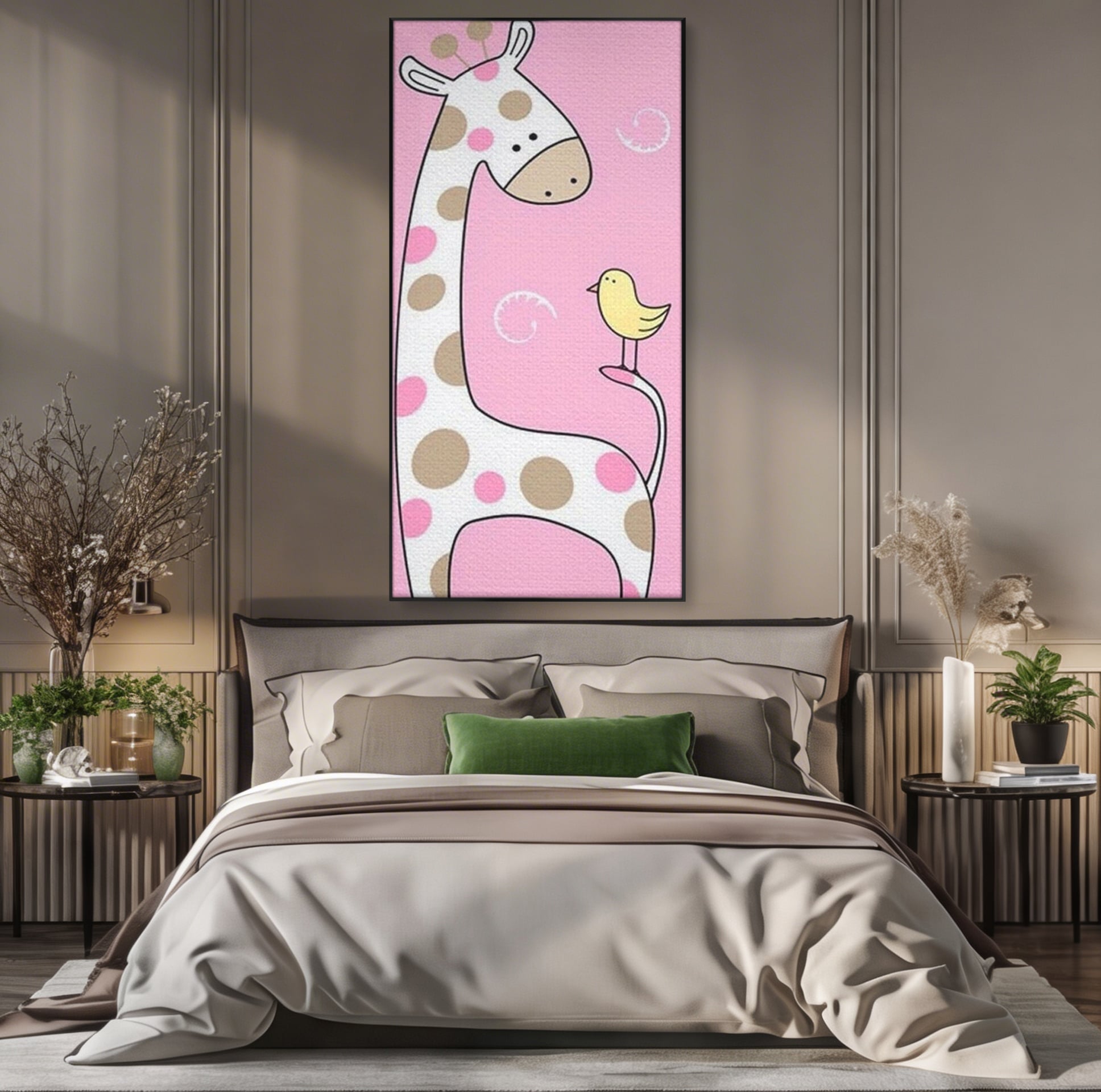 Tablou Canvas Premium, LuxCanva® K1031, Girafa si Puiul, Prietenie, Varf, Coada, Roz, Povesti, Zambete, Pastelat, Suflete, Joaca, Inocenta, Copil, Creativitate, Camera Copil, Dormitor