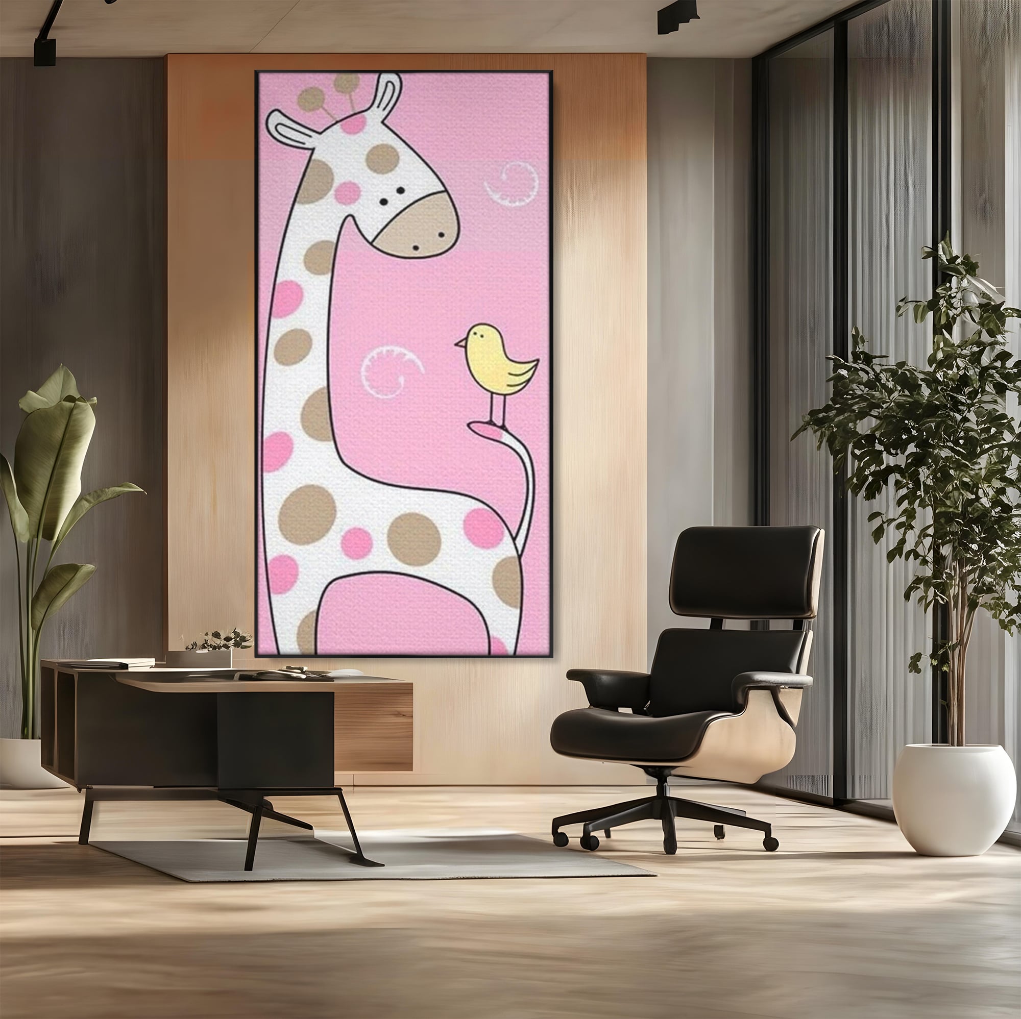 Tablou Canvas Premium, LuxCanva® K1031, Girafa si Puiul, Prietenie, Varf, Coada, Roz, Povesti, Zambete, Pastelat, Suflete, Joaca, Inocenta, Copil, Creativitate, Camera Copil, Dormitor
