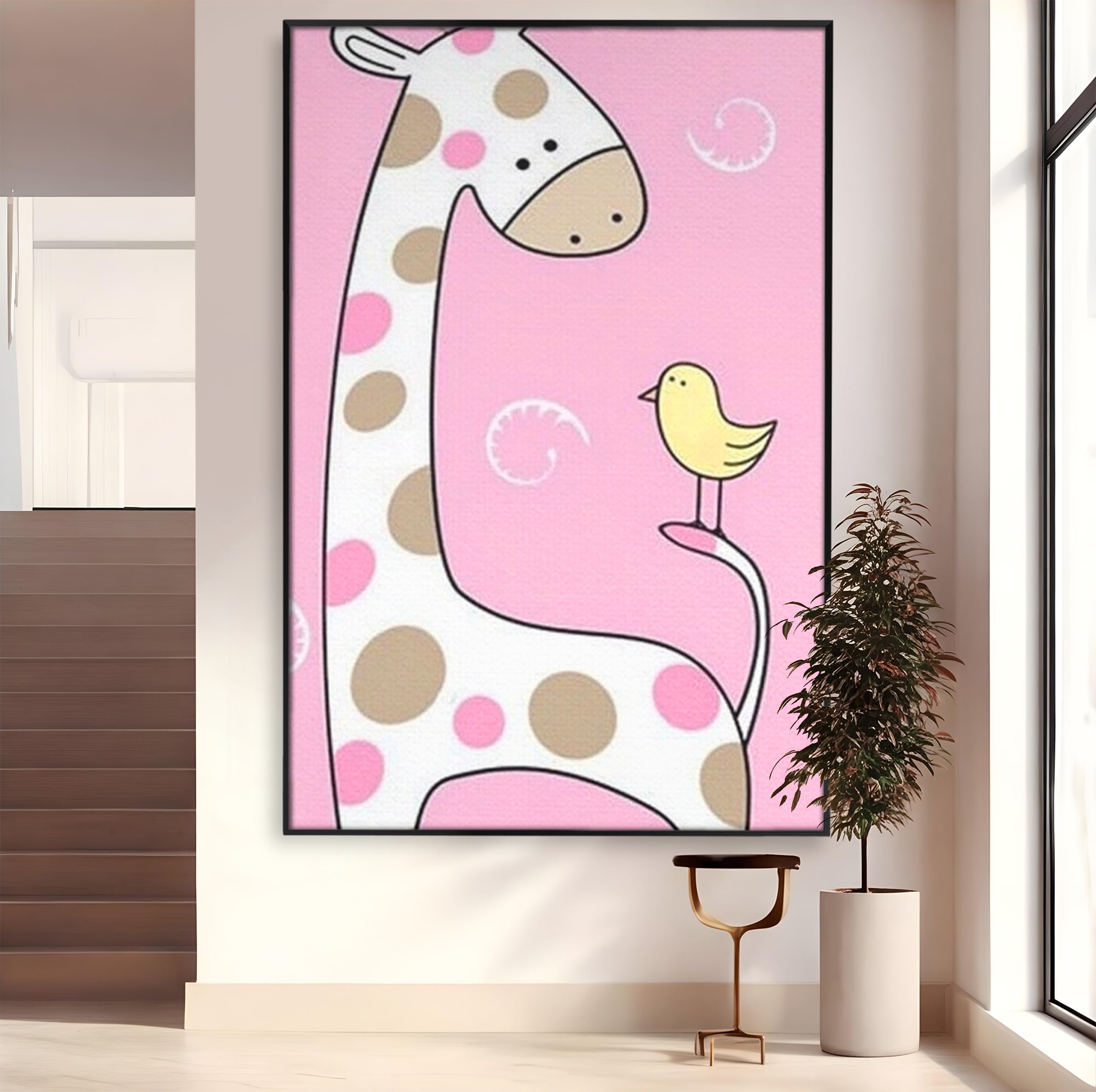 Tablou Canvas Premium, LuxCanva® K1031, Girafa si Puiul, Prietenie, Varf, Coada, Roz, Povesti, Zambete, Pastelat, Suflete, Joaca, Inocenta, Copil, Creativitate, Camera Copil, Dormitor