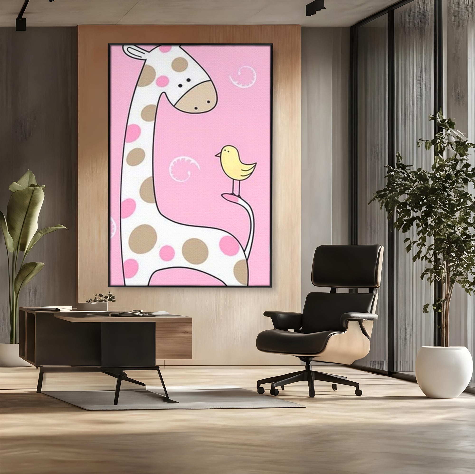 Tablou Canvas Premium, LuxCanva® K1031, Girafa si Puiul, Prietenie, Varf, Coada, Roz, Povesti, Zambete, Pastelat, Suflete, Joaca, Inocenta, Copil, Creativitate, Camera Copil, Dormitor