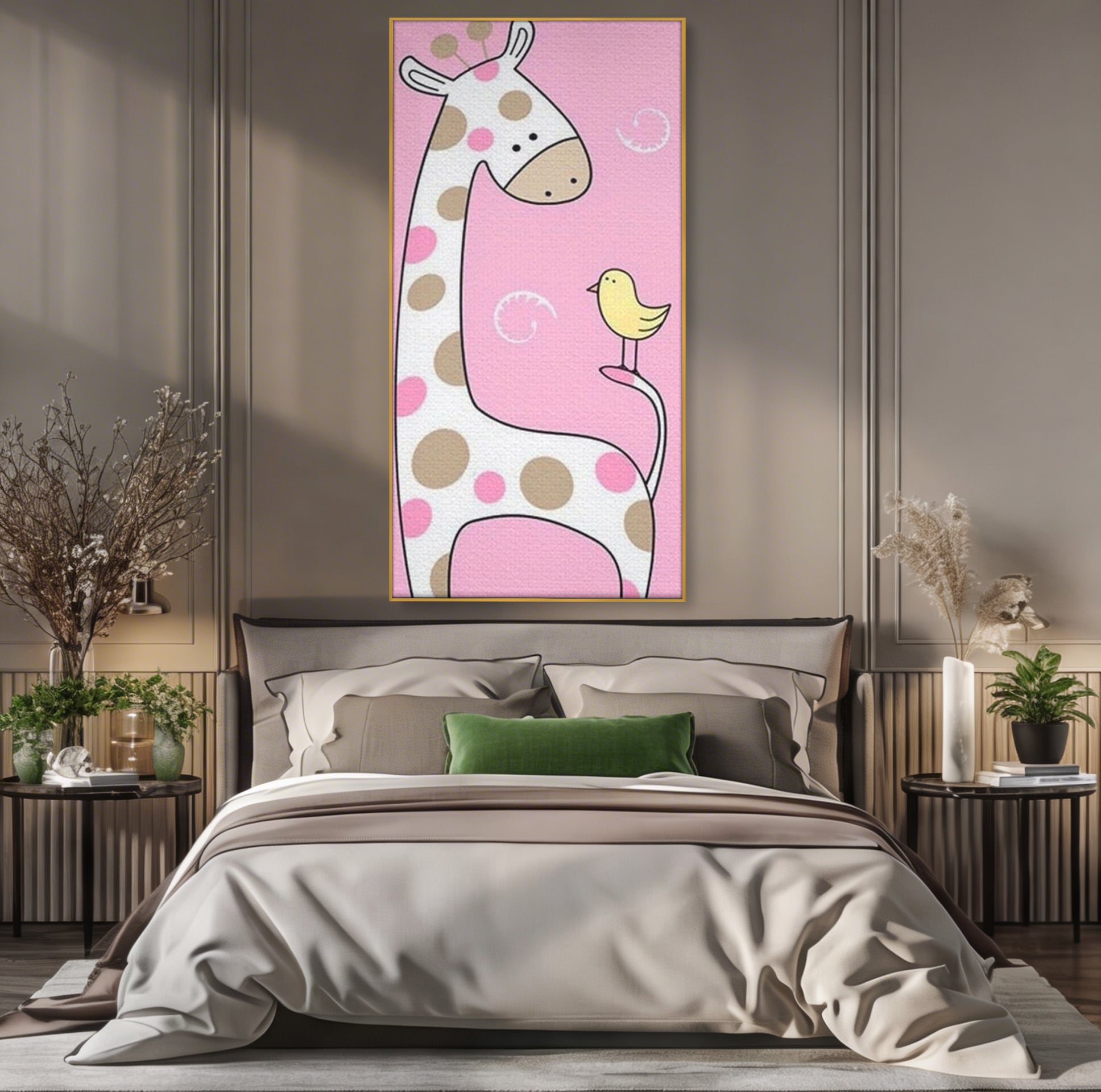 Tablou Canvas Premium, LuxCanva® K1031, Girafa si Puiul, Prietenie, Varf, Coada, Roz, Povesti, Zambete, Pastelat, Suflete, Joaca, Inocenta, Copil, Creativitate, Camera Copil, Dormitor