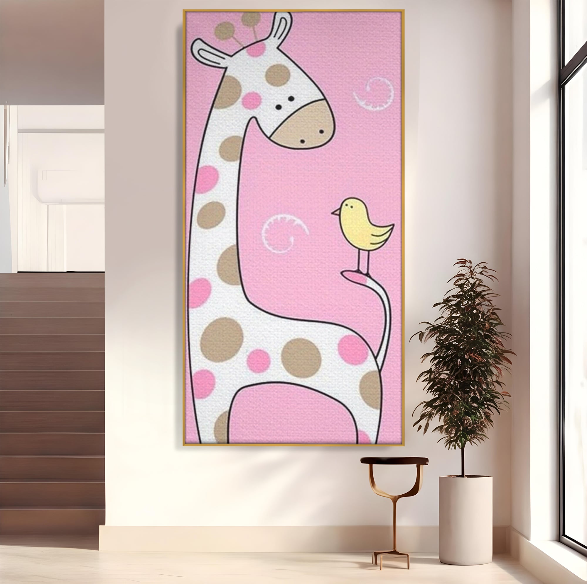 Tablou Canvas Premium, LuxCanva® K1031, Girafa si Puiul, Prietenie, Varf, Coada, Roz, Povesti, Zambete, Pastelat, Suflete, Joaca, Inocenta, Copil, Creativitate, Camera Copil, Dormitor