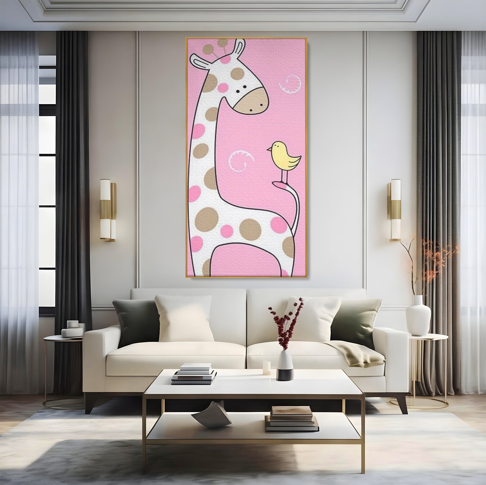 Tablou Canvas Premium, LuxCanva® K1031, Girafa si Puiul, Prietenie, Varf, Coada, Roz, Povesti, Zambete, Pastelat, Suflete, Joaca, Inocenta, Copil, Creativitate, Camera Copil, Dormitor