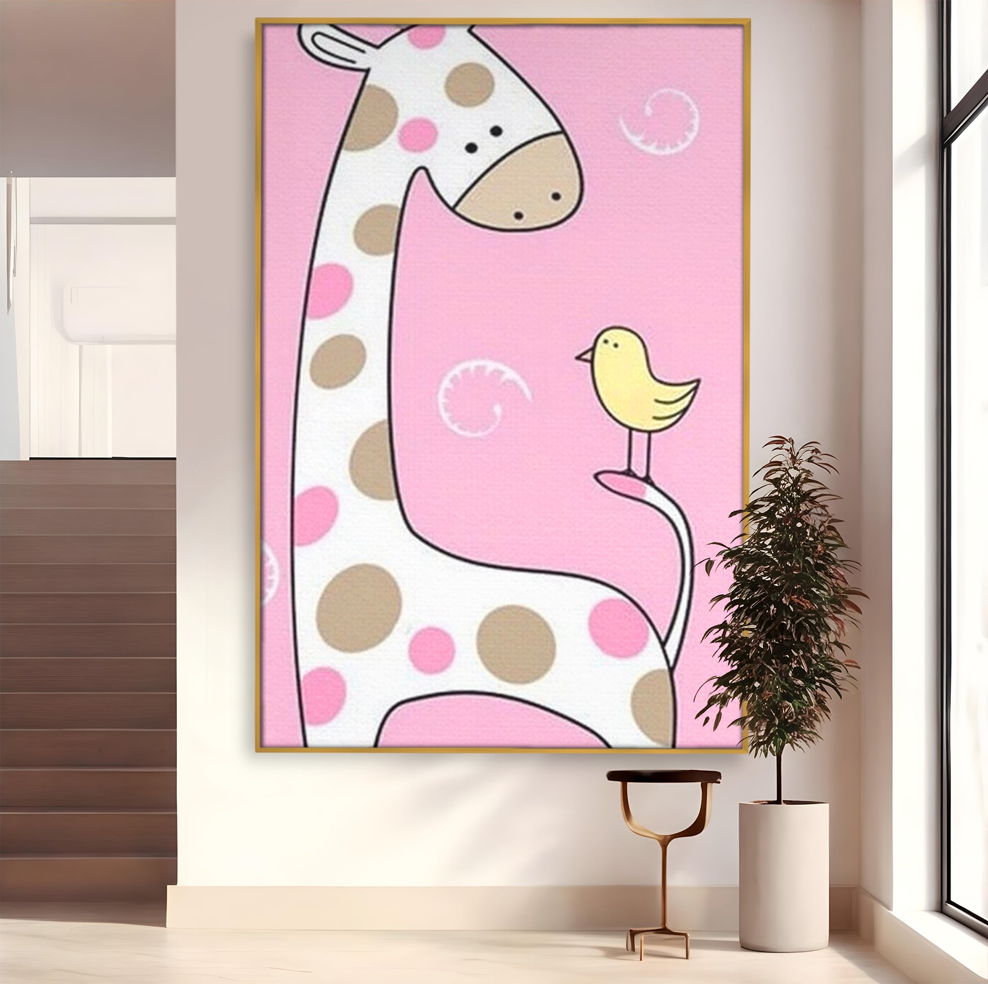 Tablou Canvas Premium, LuxCanva® K1031, Girafa si Puiul, Prietenie, Varf, Coada, Roz, Povesti, Zambete, Pastelat, Suflete, Joaca, Inocenta, Copil, Creativitate, Camera Copil, Dormitor