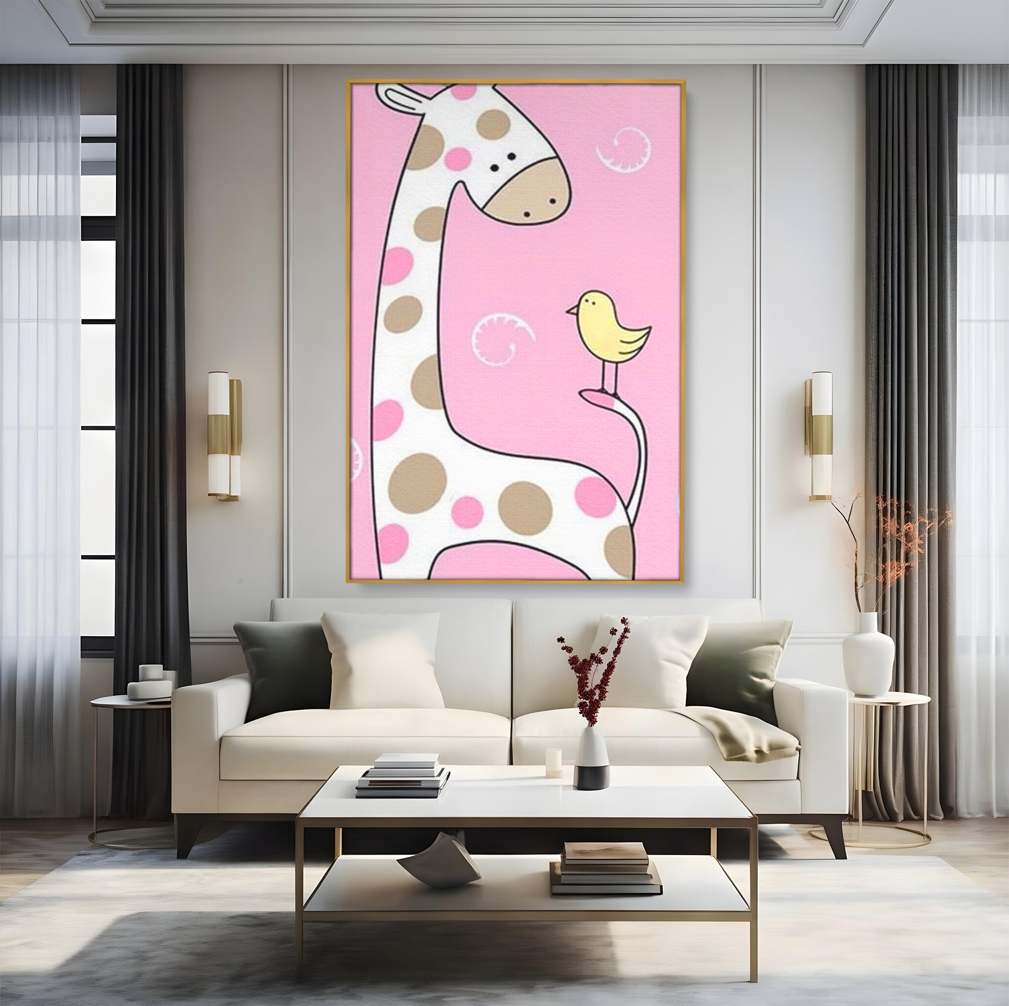 Tablou Canvas Premium, LuxCanva® K1031, Girafa si Puiul, Prietenie, Varf, Coada, Roz, Povesti, Zambete, Pastelat, Suflete, Joaca, Inocenta, Copil, Creativitate, Camera Copil, Dormitor