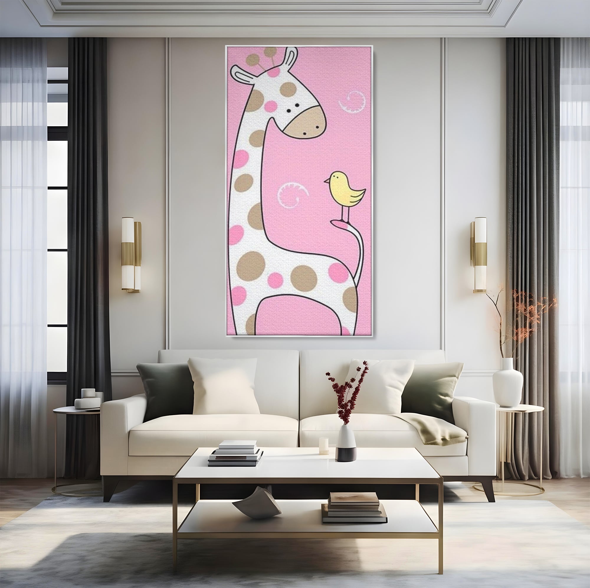 Tablou Canvas Premium, LuxCanva® K1031, Girafa si Puiul, Prietenie, Varf, Coada, Roz, Povesti, Zambete, Pastelat, Suflete, Joaca, Inocenta, Copil, Creativitate, Camera Copil, Dormitor