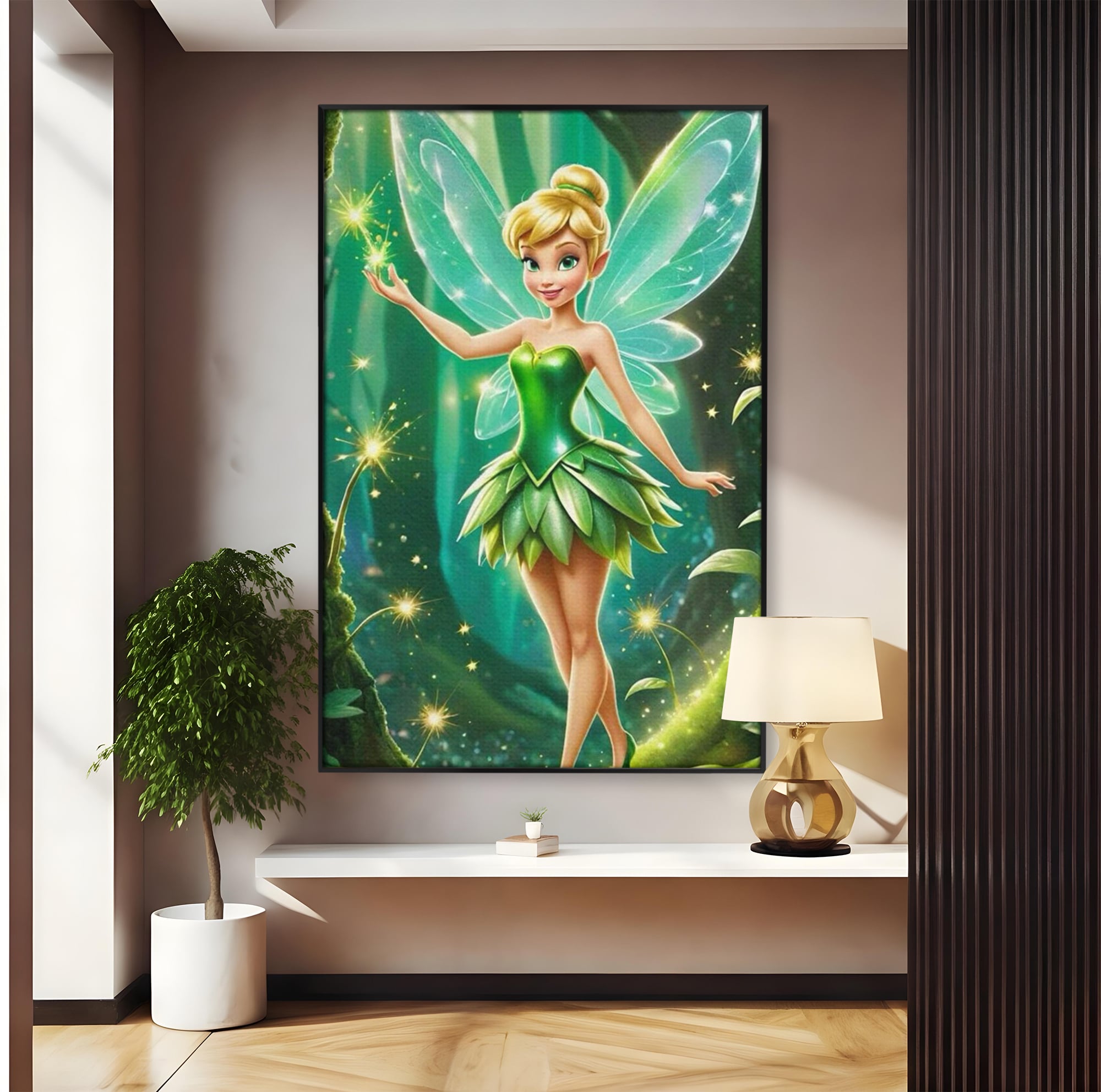Tablou Canvas Premium, LuxCanva® K1032, Zana Smaraldului Fermecat, Tinker Bell, Personaj, Desene, Walt, Disney, Magie, Sclipire, Verde, Aripi, Taram, Basm, Camera Copil, Dormitor