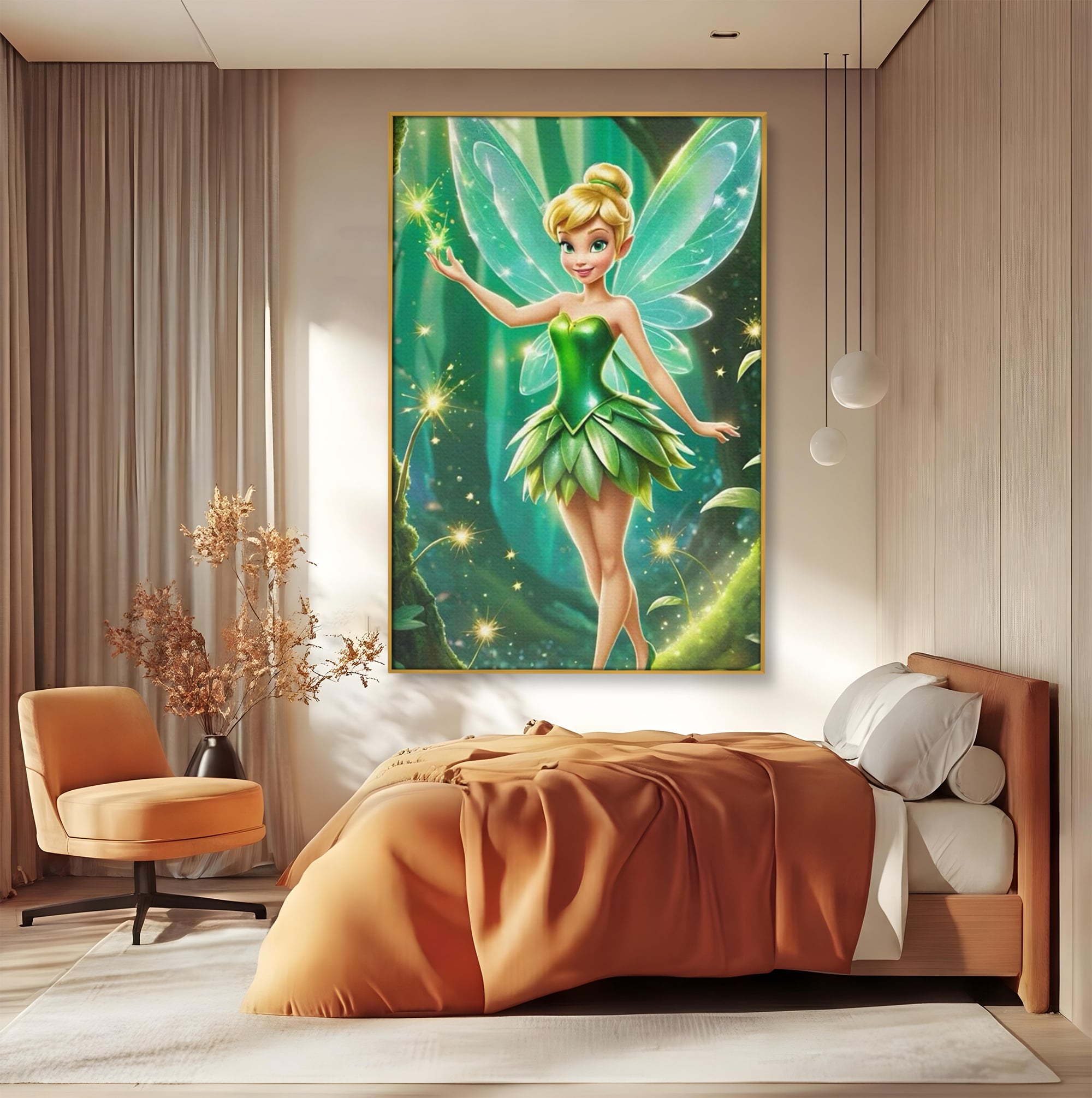 Tablou Canvas Premium, LuxCanva® K1032, Zana Smaraldului Fermecat, Tinker Bell, Personaj, Desene, Walt, Disney, Magie, Sclipire, Verde, Aripi, Taram, Basm, Camera Copil, Dormitor