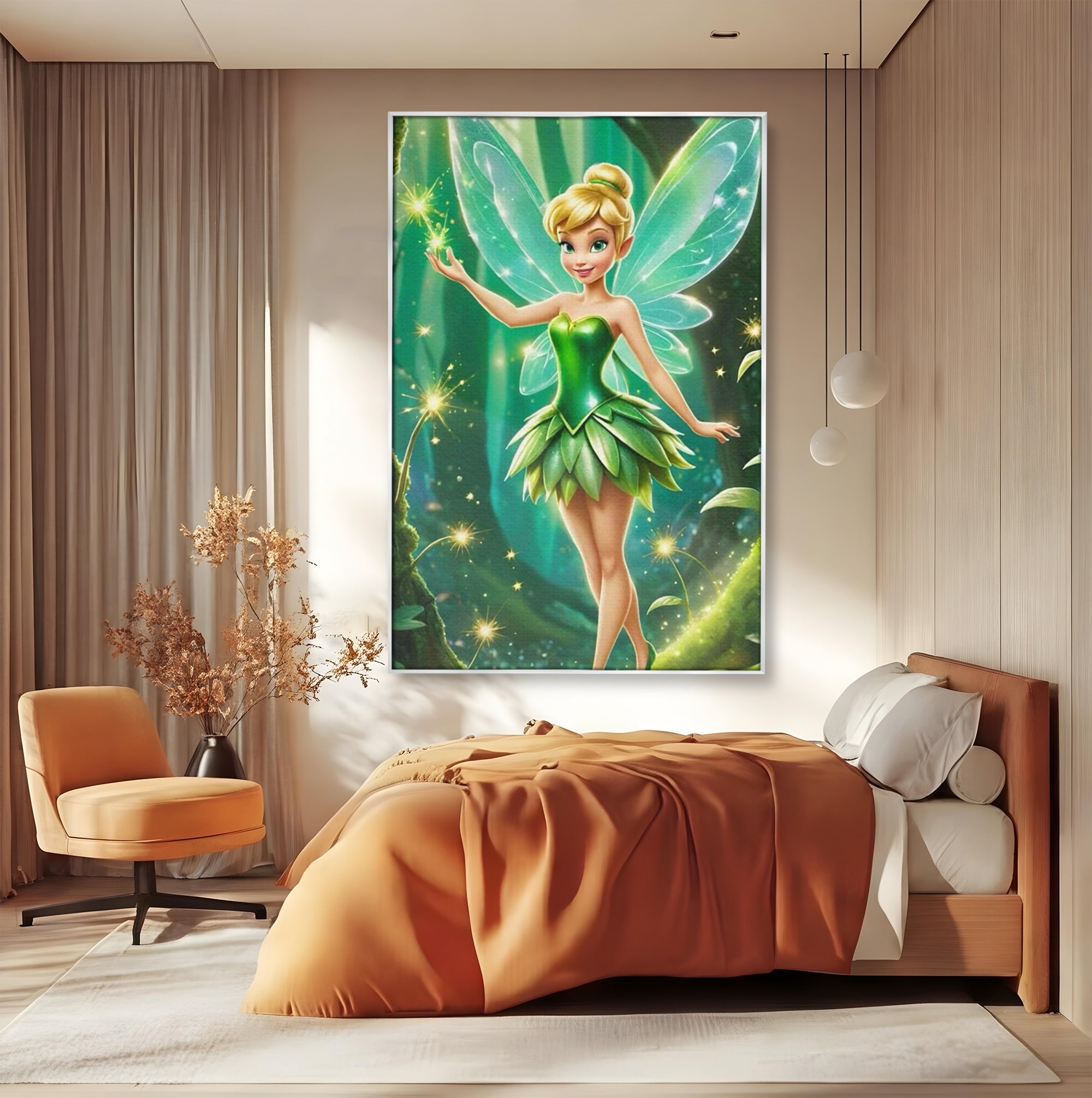 Tablou Canvas Premium, LuxCanva® K1032, Zana Smaraldului Fermecat, Tinker Bell, Personaj, Desene, Walt, Disney, Magie, Sclipire, Verde, Aripi, Taram, Basm, Camera Copil, Dormitor