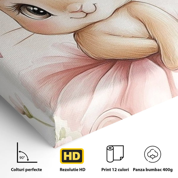 Tablou Canvas Premium, LuxCanva® K1033, Iepurasul Balerina, Gingasie, Rochita, Fundita, Roz, Printesa, Inimioare, Zambet, Tutu, Urechi, Privire, Copilaresc, Jucausa, Camera Copil, Dormitor